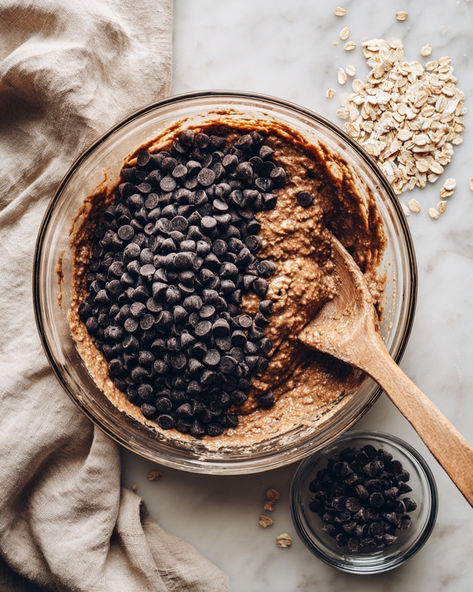 A clear glass mixing bowl sits on a white marbled surface, filled halfway with a thick, brown batter mixed with visible oats. One side of the batter holds a large pile of shiny dark chocolate chips, creating a strong color contrast between the deep brown chips and the lighter, textured batter with oats. A wooden spoon with a smooth, slightly worn texture rests partially submerged in the batter at the right side of the bowl. Nearby, a smaller clear glass bowl contains more chocolate chips, and a few scattered oats and chips dot the clean white marbled background. A beige cloth with soft folds lies casually next to the bowl. Photo taken with an iphone --ar 4:5 --v 7