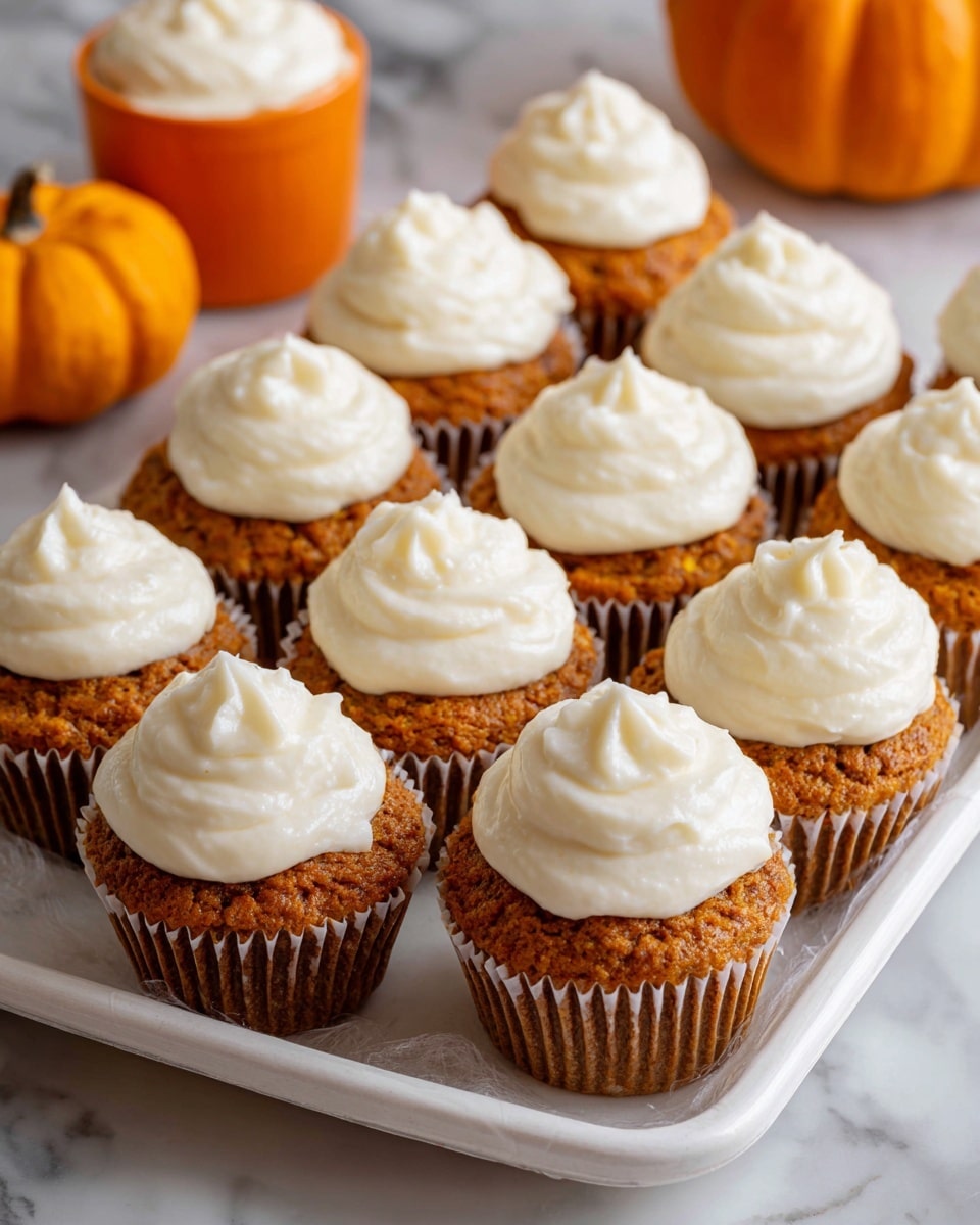 The image shows a plastic container filled with twelve small pumpkin muffins, each topped with a thick layer of white cream frosting. The muffins have a rich orange-brown color with a slightly crumbly texture, and the frosting is swirled smoothly but unevenly across the top of each muffin. The background includes an orange cup with more white cream and a small pumpkin, all placed on a white marbled surface. photo taken with an iphone --ar 4:5 --v 7