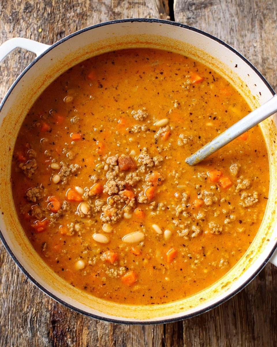 A large white pot filled with thick orange-brown soup, showing visible chunks of ground meat mixed with small white beans and pieces of orange carrots. The soup has a slightly textured, creamy surface with specks of black pepper scattered around. A white ladle rests inside the pot, partially submerged in the soup, with some of the soup coating its side. The pot is placed on a rough wooden surface. photo taken with an iphone --ar 4:5 --v 7