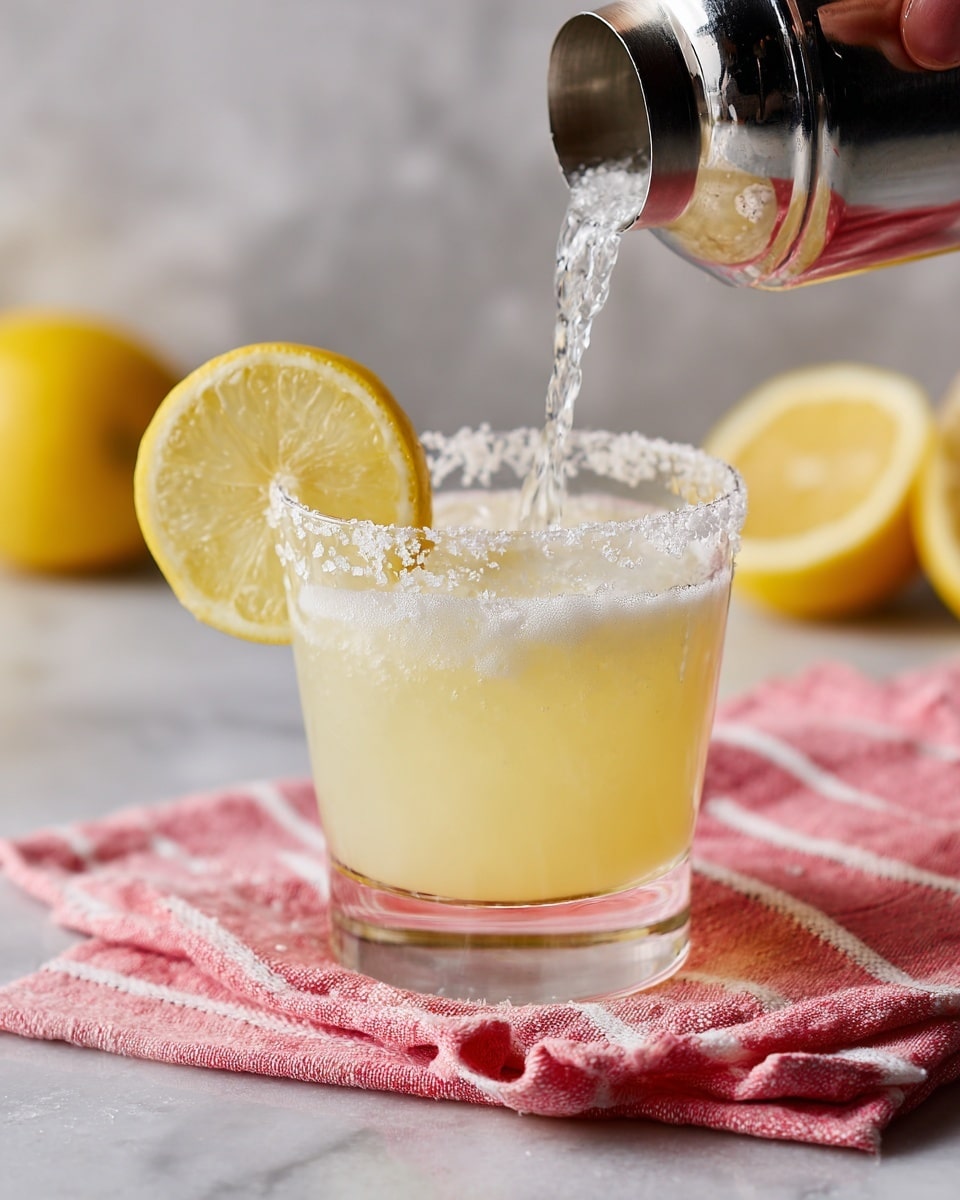 A clear glass filled with a light amber-colored drink, topped with a thin layer of light foam at the top edge. On the rim of the glass rests a bright yellow lemon slice, showing detailed segments and a shiny, juicy texture. In the blurred background, there are halved and whole lemons placed on a white marbled surface with a pink and white striped cloth underneath. The scene is bright and clean, highlighting the drink and lemon slice up close. Photo taken with an iphone --ar 4:5 --v 7