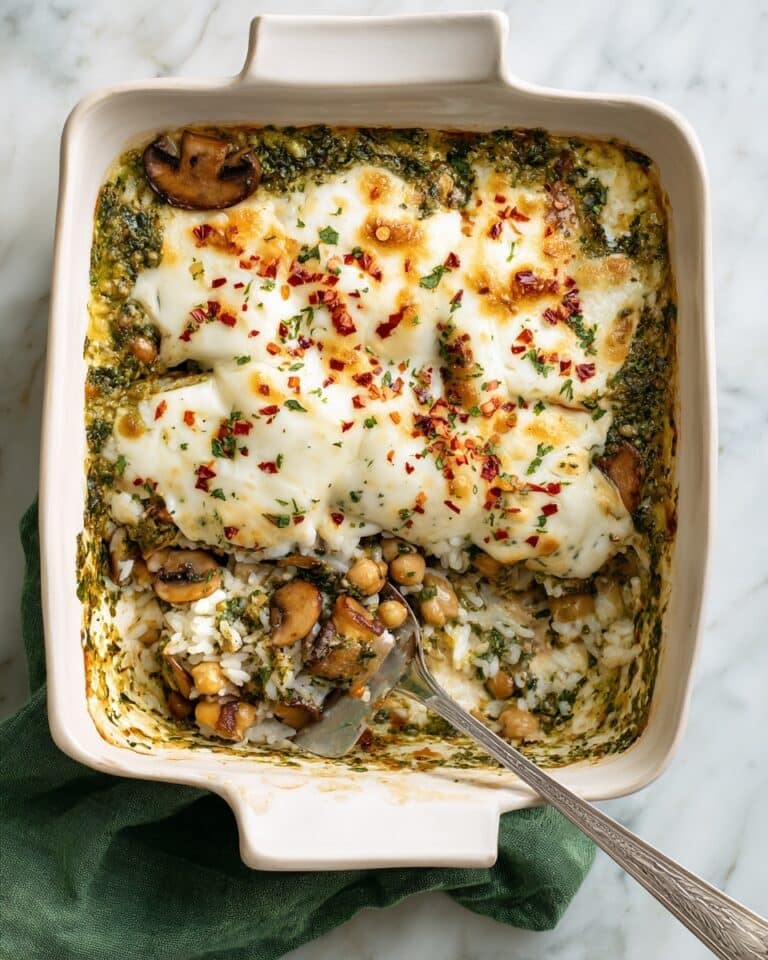 Pesto Rice Bake with Chickpeas, Mushrooms, and Mozzarella Recipe
