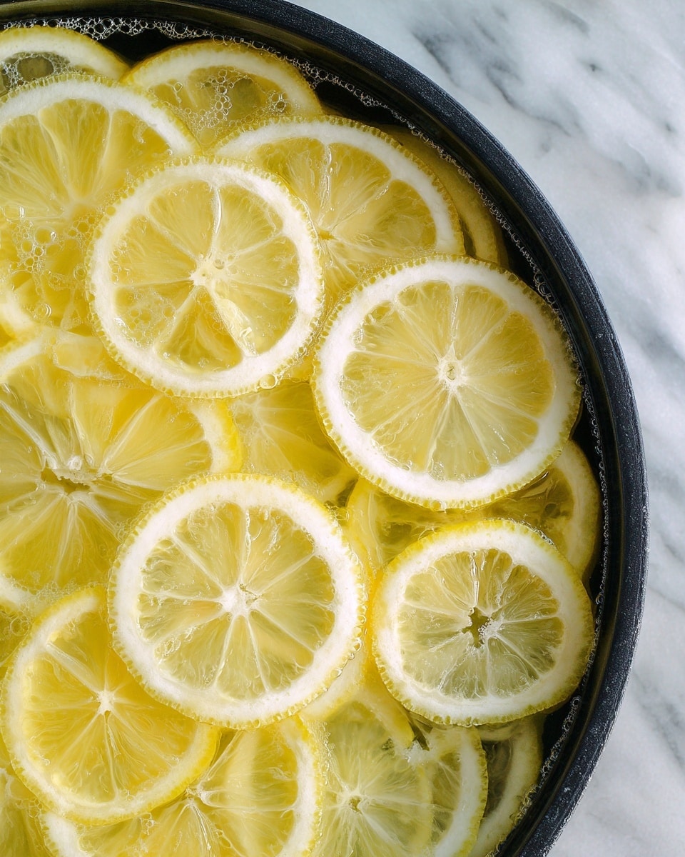 A round black pan filled with many thin lemon slices floating on gently bubbling liquid. The lemon slices are light yellow with white edges, and they cover the surface of the liquid evenly, overlapping slightly. The background shows a soft focus on the pan sides against a white marbled texture. photo taken with an iphone --ar 4:5 --v 7