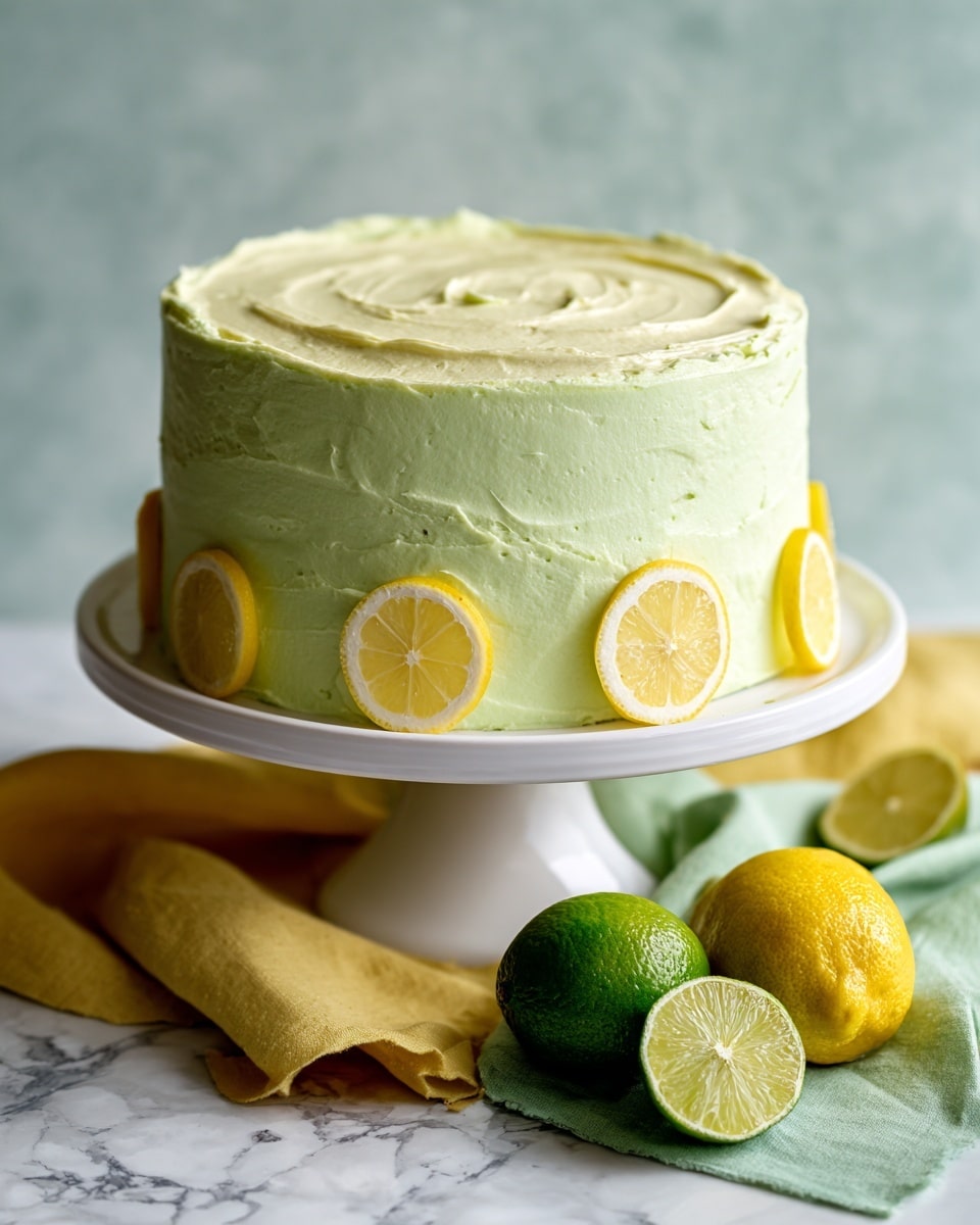 A two-layer round cake is presented on a white plate with lemon slices evenly spaced around its base. The bottom layer is a smooth, bright green frosting, while the top layer transitions to a lighter, pale yellow frosting with textured, swirled patterns. The cake is set on a wooden surface with a yellow cloth and two whole citrus fruits, one green and one yellow, in the foreground. The lighting creates a fresh and inviting feel. photo taken with an iphone --ar 4:5 --v 7