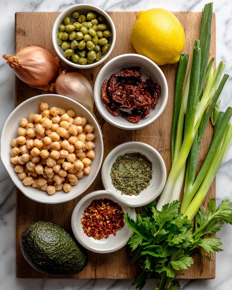 The image shows various ingredients neatly placed on a wooden board over a white marbled surface. On the left side, there is a white bowl filled with light beige round chickpeas. Above it, a small white bowl holds green capers, next to a bright yellow lemon and a small purple shallot. To the right, two green onions lie flat. Above the onions, a small white bowl contains dark red sun-dried tomatoes. Next to this bowl, another small white bowl holds green dried herbs and red chili flakes. Below the bowls sits a dark green avocado with rough skin. On the far right, there is a bunch of fresh green parsley with long stems. photo taken with an iphone --ar 4:5 --v 7