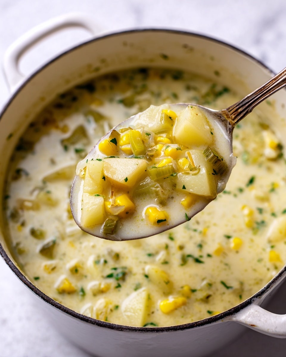 A close-up of creamy soup in a white pot with two handles, showing a spoon lifted above the pot with the soup in it. The soup has a light yellow creamy base with small green herb bits sprinkled throughout. The spoon contains layers of chunky yellow baby potatoes, bright yellow corn kernels, small pieces of green celery, and diced onions in the creamy broth. The background and surface visible are white with a marbled texture. Photo taken with an iphone --ar 4:5 --v 7