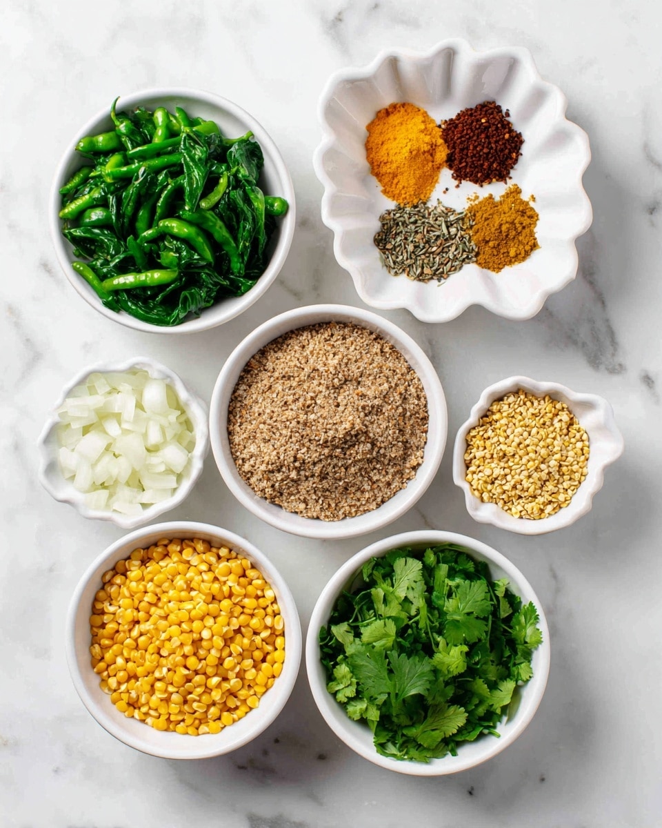 The image shows seven small bowls arranged on a white marbled surface, each holding different cooking ingredients. The top right bowl is white with a wavy edge and contains four separate piles of spices in a circle: dark brown cumin seeds, bright orange chilly powder, yellow turmeric, and light brown ajwain/carom seeds. Below this bowl and slightly right, there is a white bowl filled with light brown flax seed powder. To the left, a white bowl holds chopped green chillies with visible seeds. Three more white bowls hold fresh chopped ingredients: deep green spinach, white onions, and finely chopped bright green cilantro. Finally, at the bottom left, another white bowl is filled with yellow split moong dal. The bowls are neatly positioned on the white marbled surface, with clear labels identifying each ingredient. photo taken with an iphone --ar 4:5 --v 7