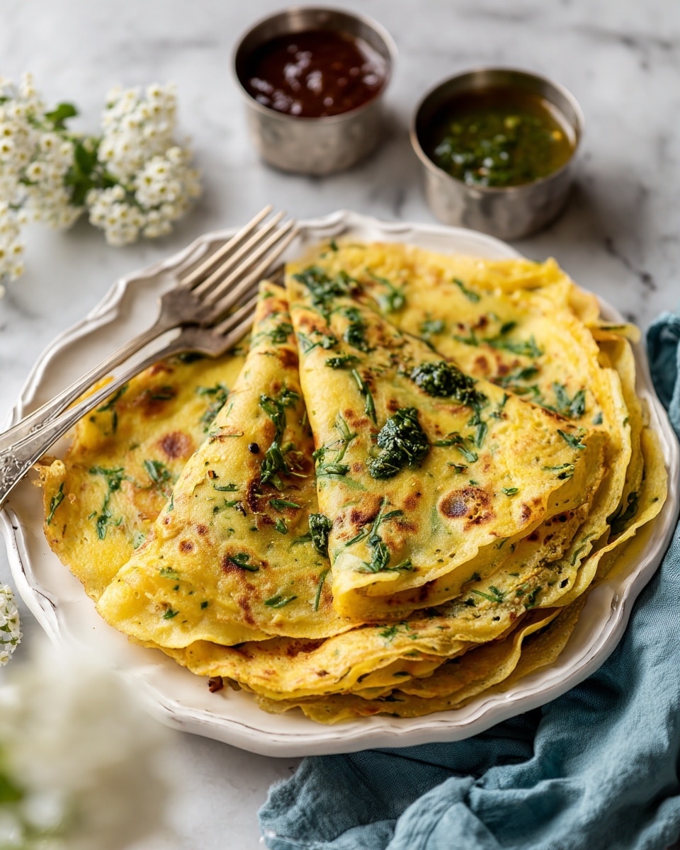 A pile of yellow folded crepes mixed with green herbs sits on a white plate with a shiny scalloped edge. The crepes have small greens throughout and some browned spots from cooking. On top, two silver forks rest diagonally. Around the plate, there are three small metal bowls with different sauces or chutneys in dark red, green, and brown colors. A soft blue cloth is tucked on the right side of the plate, and the background shows a white marbled surface. The image has a soft focus in the foreground with some out-of-focus white flowers. photo taken with an iphone --ar 4:5 --v 7