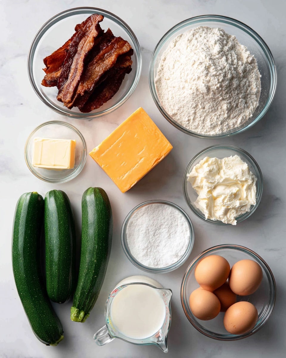 The image shows several clear glass bowls and a measuring cup arranged on a white marbled surface. From the top left, there is a bowl with dark brown cooked bacon strips. To the right is a large bowl filled with white all-purpose flour. Below the bacon, there is a small bowl holding a solid block of orange cheddar cheese. Under the cheese, a small bowl contains a pale yellow block of unsalted butter. Next to the butter, a small bowl has white baking soda powder. Further right, a clear measuring cup is filled with light cream-colored buttermilk. Below the baking soda is a small bowl with white salt crystals. On the bottom right, a small bowl holds four large brown eggs. To the bottom left side of the image, two whole deep green zucchinis are placed diagonally. All the bowls and cups are placed neatly with labels indicating the ingredient names. photo taken with an iphone --ar 4:5 --v 7