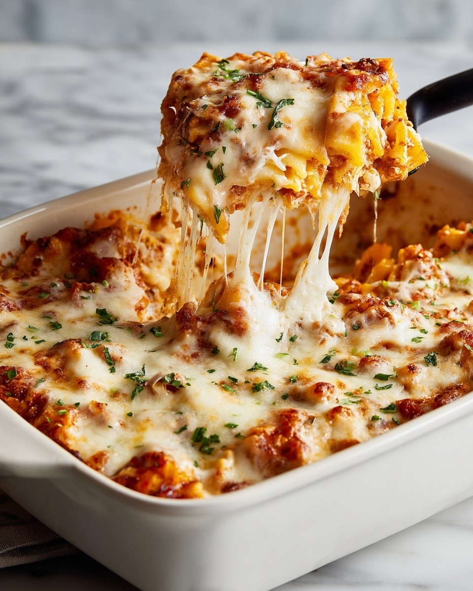 The image shows a close-up of a baked dish in a white rectangular ceramic dish. The dish has three visible layers: the bottom layer is a red rich tomato sauce, the middle layer is slices of yellow and orange vegetables, and the top layer is melted white cheese that is slightly bubbly with small browned spots. Scattered over the cheese are small bits of dark red sauce and finely chopped green basil leaves, adding color contrast. The dish sits on a white marbled surface with a textured beige cloth underneath. photo taken with an iphone --ar 4:5 --v 7