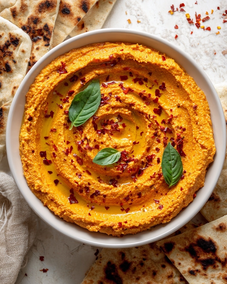 A white bowl filled with three thick layers of orange hummus, swirled to create a whirlpool effect in the center. The hummus has a rough, slightly chunky texture and is topped with a drizzle of golden olive oil and scattered red chili flakes. Two small, fresh green basil leaves sit on top for garnish. Around the bowl, there are pieces of toasted pita bread with charred spots on a white marbled surface. The overall tone is warm and inviting. photo taken with an iphone --ar 4:5 --v 7