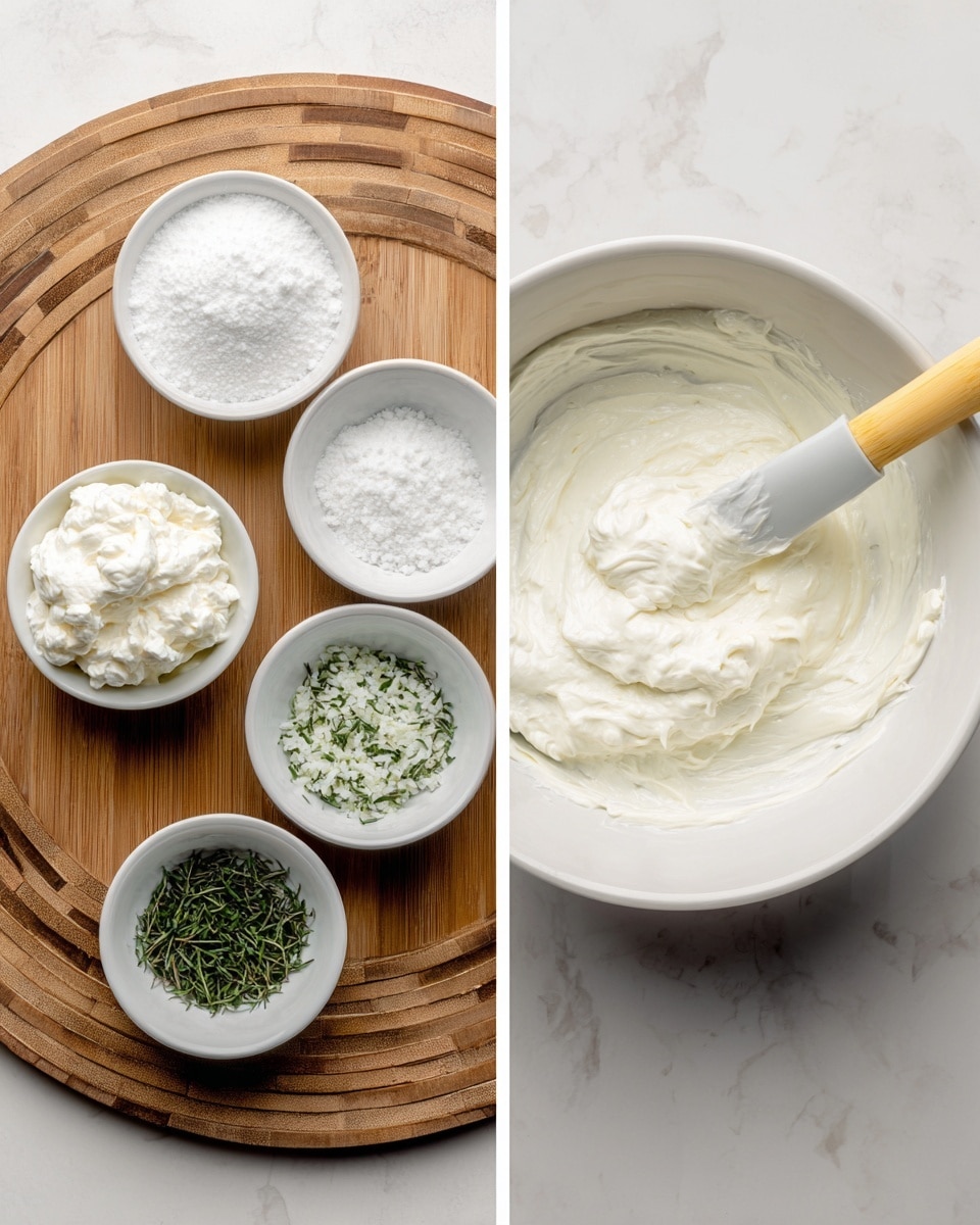 The image shows two side-by-side photos with a top view. On the left side, four small white bowls are placed on a wooden board with a circular pattern. Each bowl contains different ingredients: one has white granulated powder, another has white creamy substance, the third has white soft cream-like texture, and the last has finely chopped green herbs. On the right side, there is a white bowl on a white marbled surface, with a light yellow spatula mixing a thick white cream inside. Photo taken with an iphone --ar 4:5 --v 7