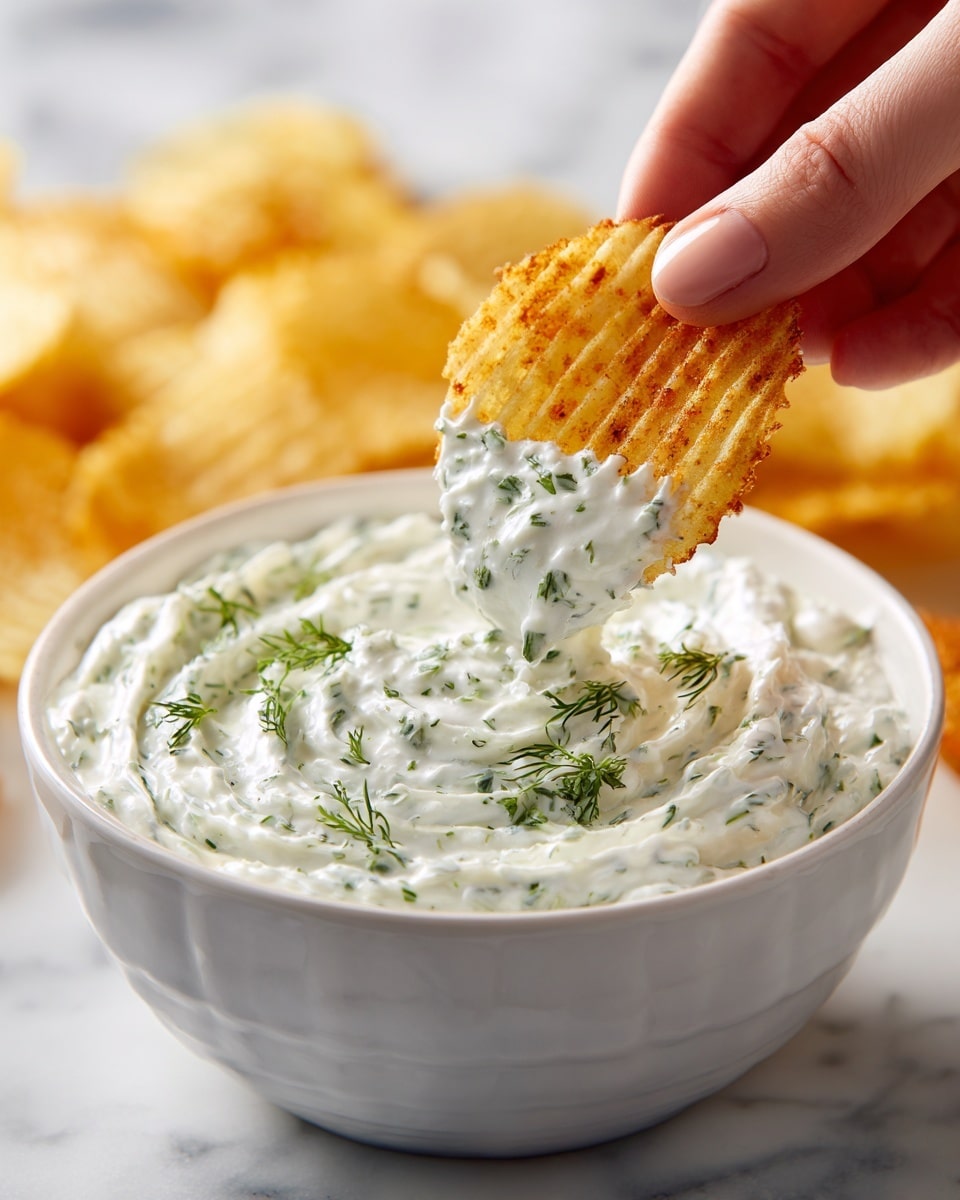 A close-up image showing a ridged potato chip being dipped into a thick white dip with green herb specks. The dip fills most of a large white bowl with a smooth, creamy texture and soft swirls on the surface. A woman's hand holds the chip above the bowl. In the background, there is a white marbled surface with more potato chips slightly out of focus. photo taken with an iphone --ar 4:5 --v 7