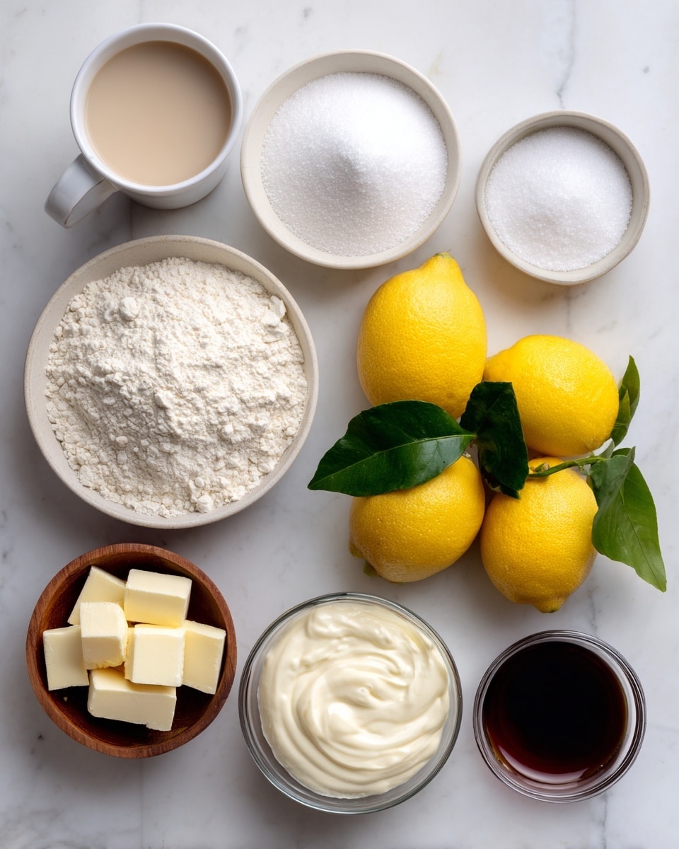 The image shows several ingredients arranged neatly on a white marbled surface. At the top center, a white bowl filled with granulated white sugar sits beside a smaller white dish containing white baking soda and powder. Below them, a large transparent bowl holds white flour. To the left, a clear glass mug has light beige non-dairy milk, and below that, a small wooden bowl contains white salt. Below the salt, a clear bowl with small cubes of pale yellow vegan butter is placed. Next to it, a white bowl is filled with creamy, off-white vegan yogurt. To the right of the flour bowl, four bright yellow lemons with a few green leaves are placed together. Below the lemons, a small clear glass bowl holds dark brown vanilla extract. The photo taken with an iphone --ar 4:5 --v 7