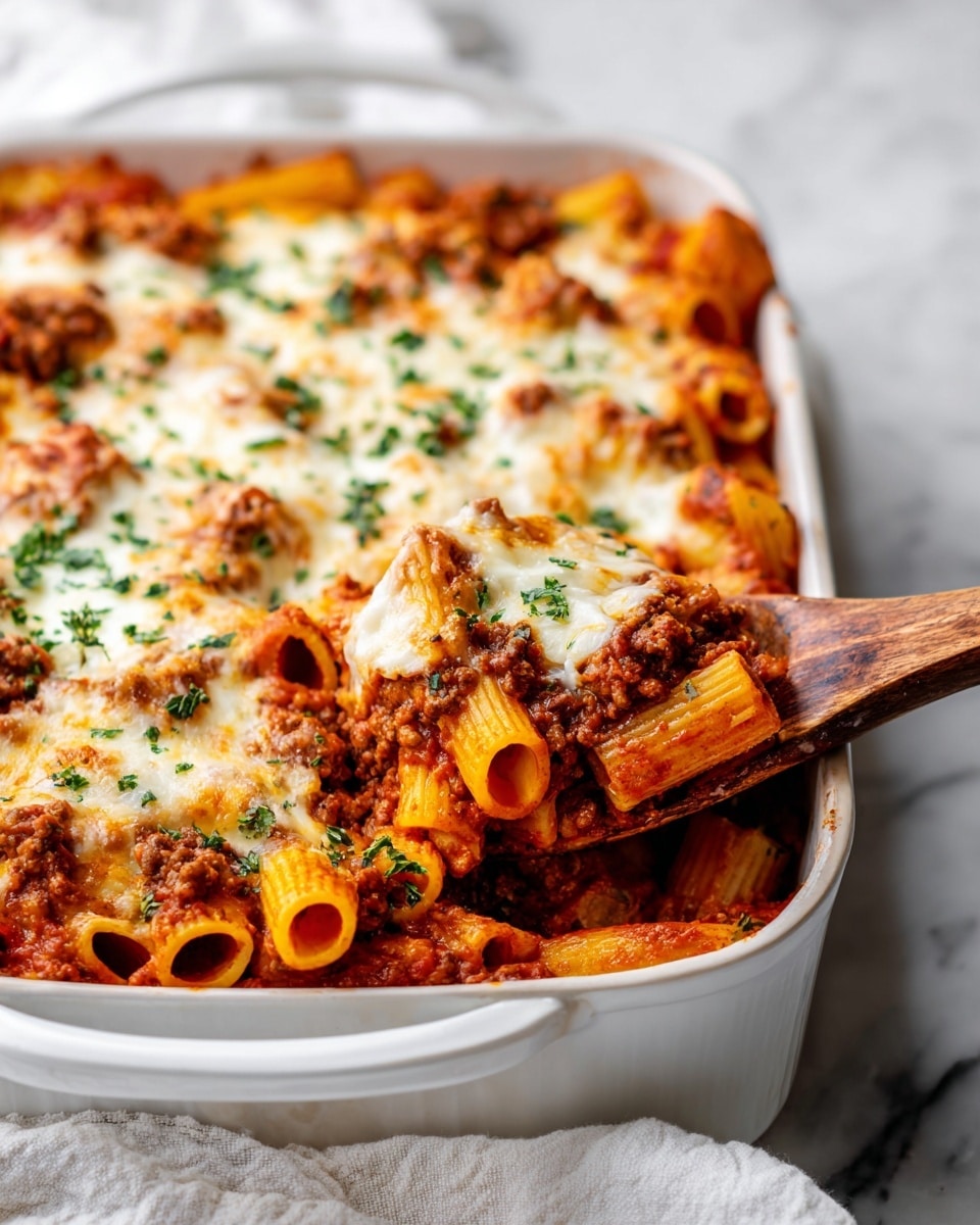 A thick square piece of baked pasta with four distinct layers sits on a white plate with a dark rim. The bottom layer is yellow-tan pasta tubes, partly covered in a dark red tomato sauce mixed with browned ground meat, forming the second layer. On top, there is a thick creamy white cheese layer looking soft and melted with patches of light brown spots from baking. The top layer is sprinkled with fresh, finely chopped green herbs, giving a fresh and colorful finish. A black fork with a gold handle rests beside the pasta on the plate, and the plate is set on a white marbled surface with a light beige cloth nearby. Photo taken with an iphone --ar 4:5 --v 7