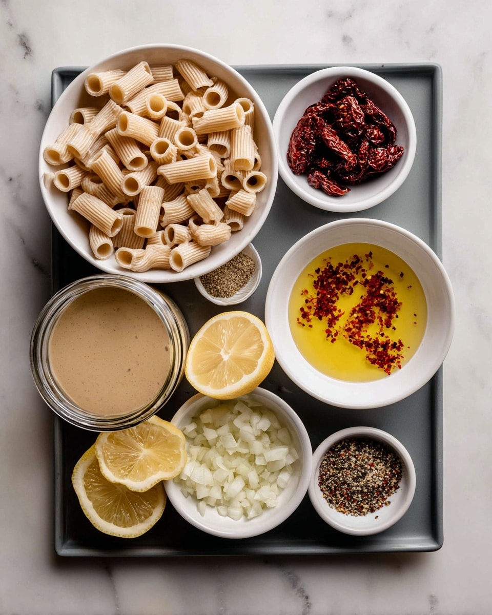 A dark gray tray holds several white bowls and containers of ingredients arranged neatly: the top left bowl is filled with beige dry pasta with tube shapes, below it is a small bowl with dark red dried tomatoes, next to the tray center is a glass bowl with smooth, light beige tahini paste, to its right is a white bowl with golden oil sprinkled with red flakes. Below the oil, there is another white bowl filled with finely chopped white onion. To the bottom left of the chopped onion is a jar with pale broth, and in front of that jar are two lemon halves showing bright yellow skin and pale flesh. A small white bowl with small black and red mixed spices is placed at the bottom center. Above the spices is a small white bowl with minced garlic that is pale and slightly creamy. The background is a white marbled texture. Photo taken with an iphone --ar 4:5 --v 7