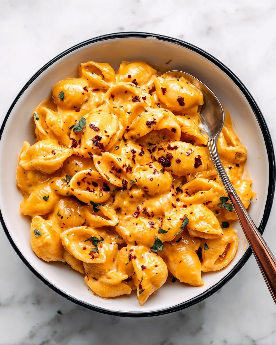 A white bowl with a black rim is filled with short pasta coated in a creamy orange sauce. The pasta is smooth and shiny, with the sauce thickly clinging to each piece. Small green herb pieces and dark red chili flakes are sprinkled on top, adding contrast. A silver spoon with a copper handle is partially dipped into the pasta. The bowl sits on a white marbled surface. photo taken with an iphone --ar 4:5 --v 7