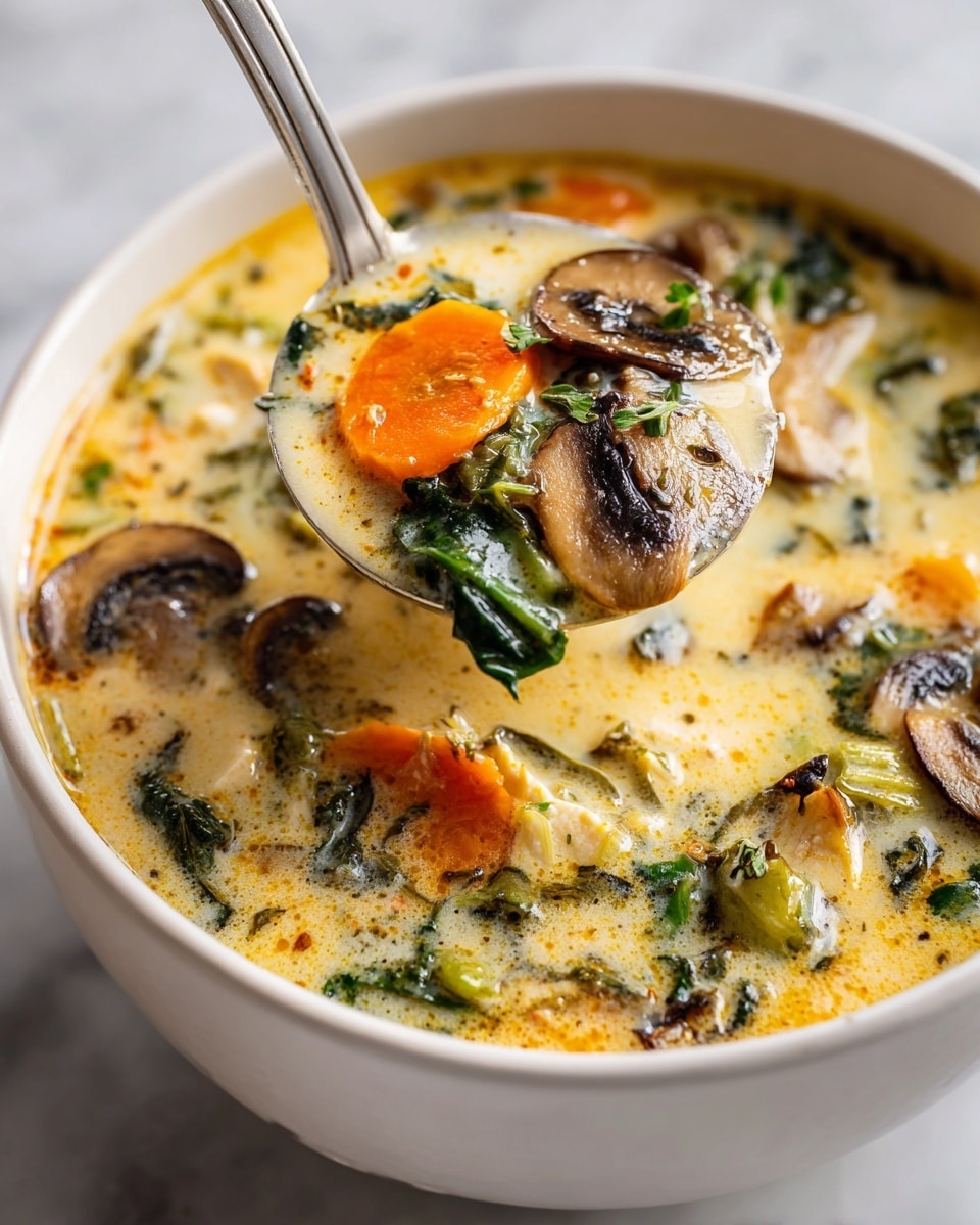 A close-up of a white bowl filled with creamy soup that has a thick light yellow base. Inside the soup are visible layers of orange carrot slices, dark brown mushroom pieces, green leafy vegetables, and small chunks of light beige chicken. A white ladle is scooping up the soup from the bowl, showing the same colorful mix clearly. The bowl sits on a white marbled surface. photo taken with an iphone --ar 4:5 --v 7