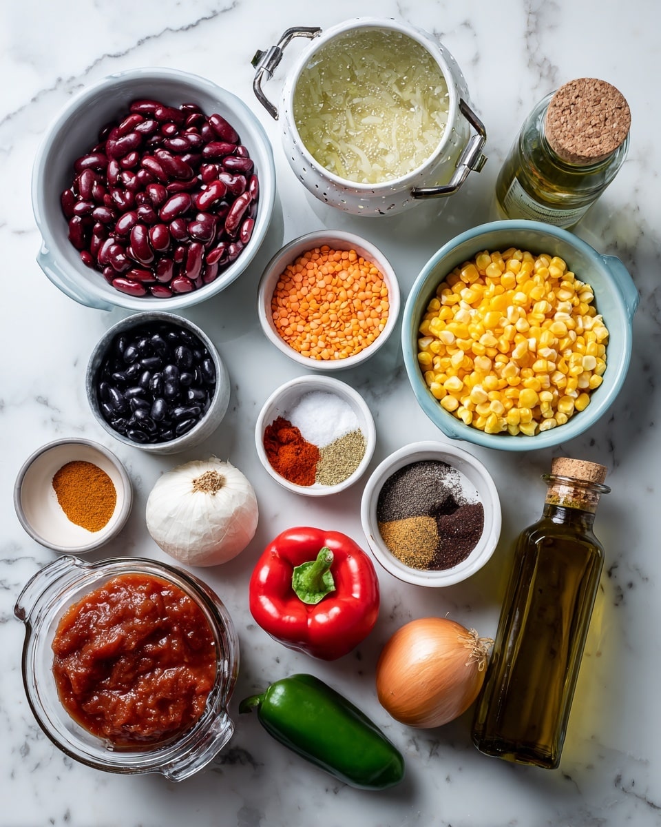 The image shows an assortment of ingredients arranged neatly on a white marbled surface. In the center, there are two colanders, one white with red kidney beans and one light blue with black beans. Surrounding them are various small white bowls containing orange lentils, cream cheese with a smooth white texture, and bright yellow corn kernels. There is a clear measuring cup filled with light green broth, another glass container with crushed red tomatoes, and a glass jug holding red salsa with chunky textures. Whole or single items include a shiny red bell pepper, a green jalapeno, a light brown onion, and small white bowls with a range of spices: orange cayenne pepper, brown cumin, reddish smoked paprika, white garlic powder, and salt & pepper in a green bottle. There is also a glass bottle with olive oil with a cork top. Everything is placed in a balanced, tidy layout. Photo taken with an iphone --ar 4:5 --v 7