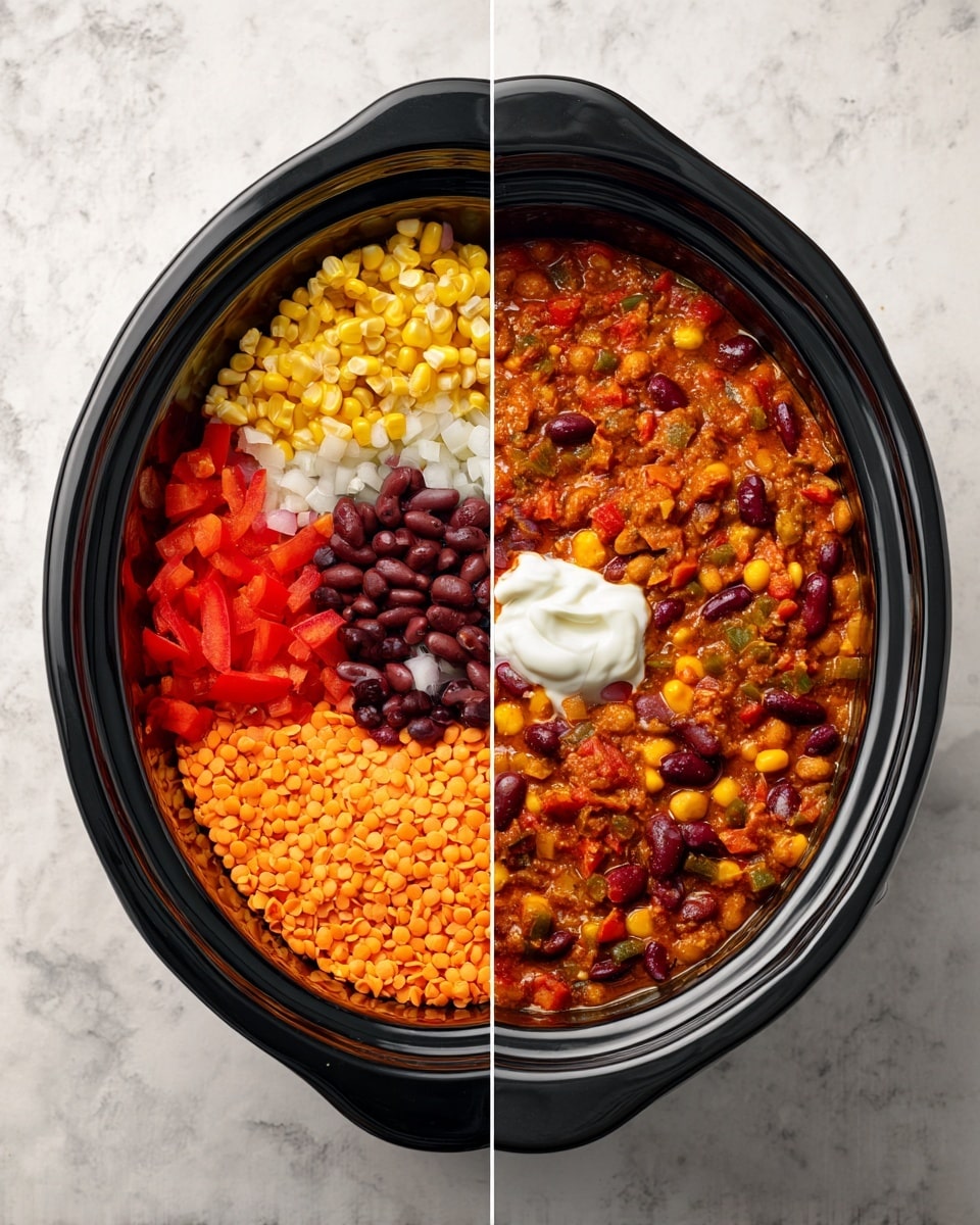 The image shows two views of a black slow cooker on a white marbled surface. In the first view, raw ingredients are neatly arranged in the cooker in separate sections: bright yellow corn and split orange lentils sit at the bottom left, next to a pile of diced red bell peppers, black beans, kidney beans, and chopped white onions, each layered distinctly. The second view shows the same cooker filled with a thick, chunky stew where the ingredients have mixed into a rich orange-red base with visible pieces of corn, beans, and red peppers, topped with a dollop of white creamy sauce in the center. Photo taken with an iphone --ar 4:5 --v 7