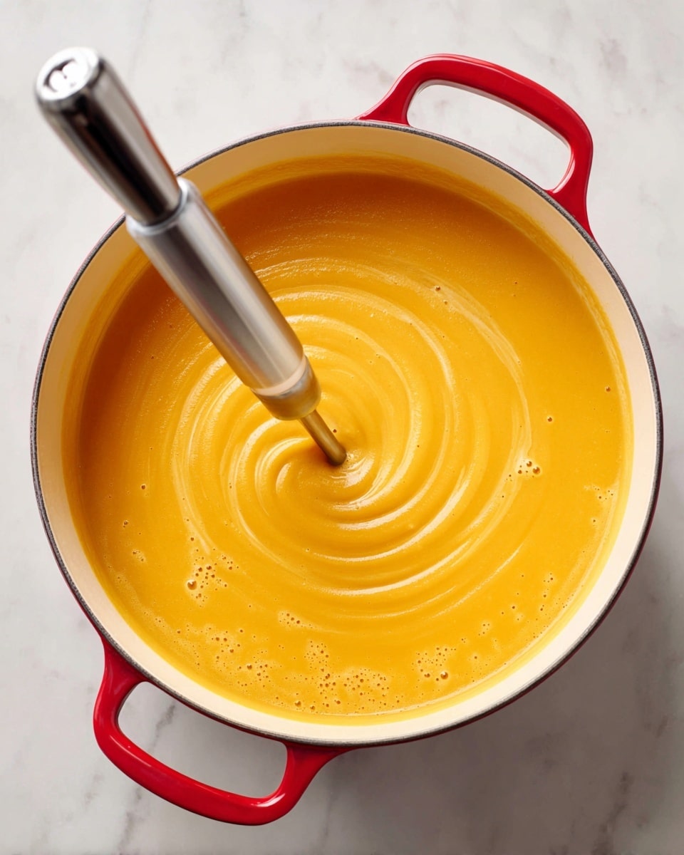 A close-up view of a red-handled pot filled with smooth, thick, orange-yellow soup, with small bubbles on the surface showing it is hot. Inside the pot, a silver immersion blender is blending the soup, creating a dome-shaped swirl in the middle. The pot's inner surface is creamy white, and the whole scene sits on a white marbled surface. photo taken with an iphone --ar 4:5 --v 7
