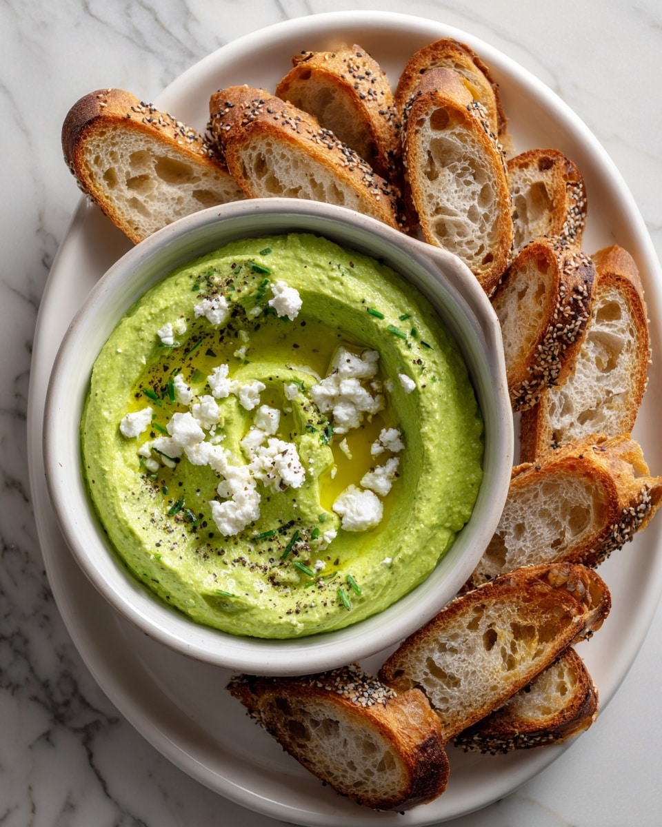 A close-up view of a thick, creamy green dip with a smooth and slightly chunky texture swirled into loose spiral patterns inside a white bowl with a black rim. The dip is vibrant green with visible small flecks of herbs and spices, sprinkled on top with small crumbles of white cheese and scattered black pepper bits. The bowl is placed on a white marbled surface. photo taken with an iphone --ar 4:5 --v 7