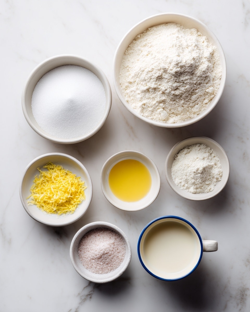 The image shows seven small white bowls and a cup on a white marbled surface, each holding different baking ingredients. At the top right, a large white bowl is filled with light, fluffy flour. To its left is a medium white bowl with white granulated sugar. Below the sugar bowl, a smaller white bowl contains yellow lemon zest, next to a bowl with pale yellow lemon juice. To the right of the lemon juice is a small white bowl filled with golden oil. At the bottom right, a cup holds creamy dairy-free milk with a blue rim around the top. Below the cup is a small white bowl with a mix of raising agents and salt, showing white and light pink powders. Each ingredient stands out clearly on the clean white marbled background. photo taken with an iphone --ar 4:5 --v 7