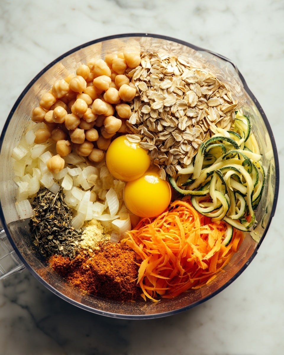 The image shows a clear food processor bowl filled with different fresh ingredients in separate sections. From the top left moving clockwise, there are round beige chickpeas, light beige rolled oats with a coarse texture, two raw bright yellow egg yolks on a glossy white surface, and shredded orange carrots mixed with thin green zucchini strips. At the bottom left there are small white onion chunks, dark dried green and brown herbs, and a small heap of orange-red powdered spice. The bowl sits on a white marbled surface with soft lighting. photo taken with an iphone --ar 4:5 --v 7