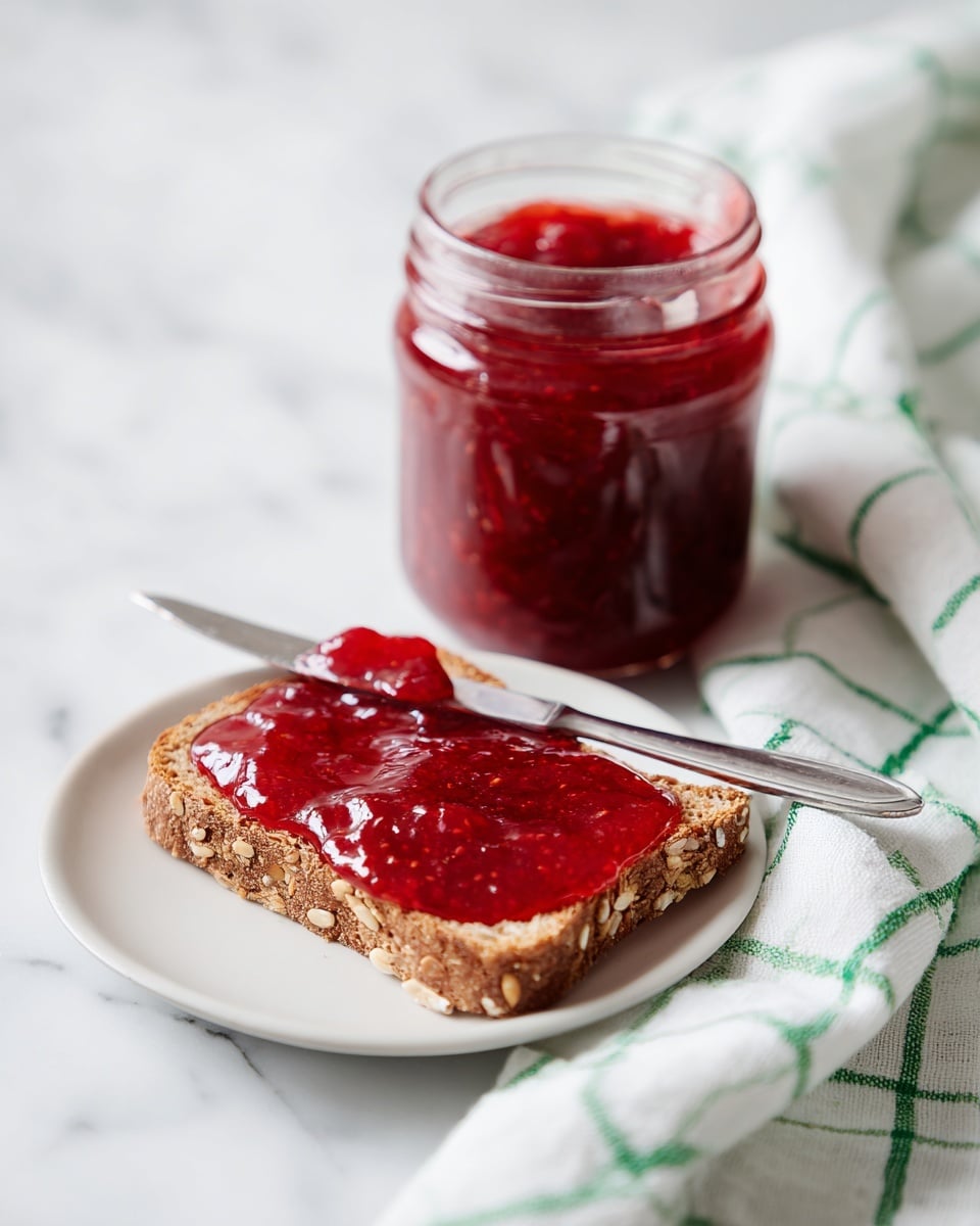 A clear glass jar filled with thick, red strawberry jam sits on a white marbled surface next to a white plate. On the plate, there is a single slice of multigrain toast covered with a thick, even layer of the same red jam. A silver knife, coated with jam, rests diagonally on the toast, with a small dollop of jam on its tip. Behind the jar and plate, a white cloth with green checks is casually placed, adding a soft texture to the scene. photo taken with an iphone --ar 4:5 --v 7