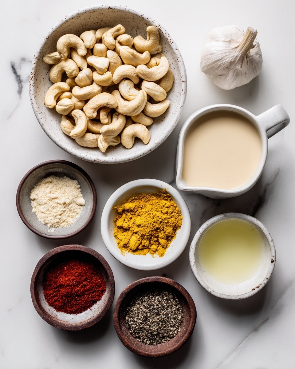 A top-down view shows seven small bowls arranged on a white marbled surface, each containing different ingredients. The largest bowl at the top left is filled with many light beige raw cashews. To its right, there is a bowl with a smooth, light beige liquid labeled dairy-free milk. Below the cashews, a small white bowl holds bright yellow nutritional yeast flakes. Around these, there are five smaller bowls with various powdered and ground ingredients: a white bowl with light beige onion powder, a brown bowl with white salt, another brown bowl with deep red smoked paprika, a white bowl with light yellow-white liquid white wine vinegar, and a small white bowl with coarse black pepper. Near these bowls, a single garlic clove rests on the white marbled background. Photo taken with an iphone --ar 4:5 --v 7