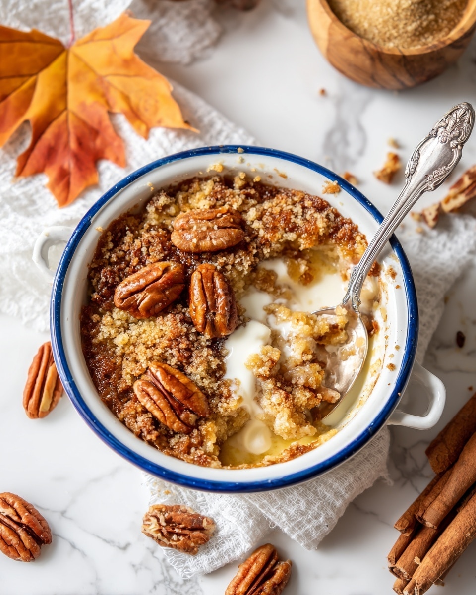 A white bowl with blue edges holds a warm dessert that has a crumbly golden brown top layer mixed with whole pecans. The dessert looks soft and creamy underneath, with milk or cream partially soaking into it. A silver spoon inside the bowl scoops a portion of the dessert, showing the mix of textures. The bowl sits on a white marbled surface with a white cloth beneath it, surrounded by pecans, cinnamon sticks, a wooden bowl with brown sugar, and an autumn leaf in the background. Photo taken with an iphone --ar 4:5 --v 7