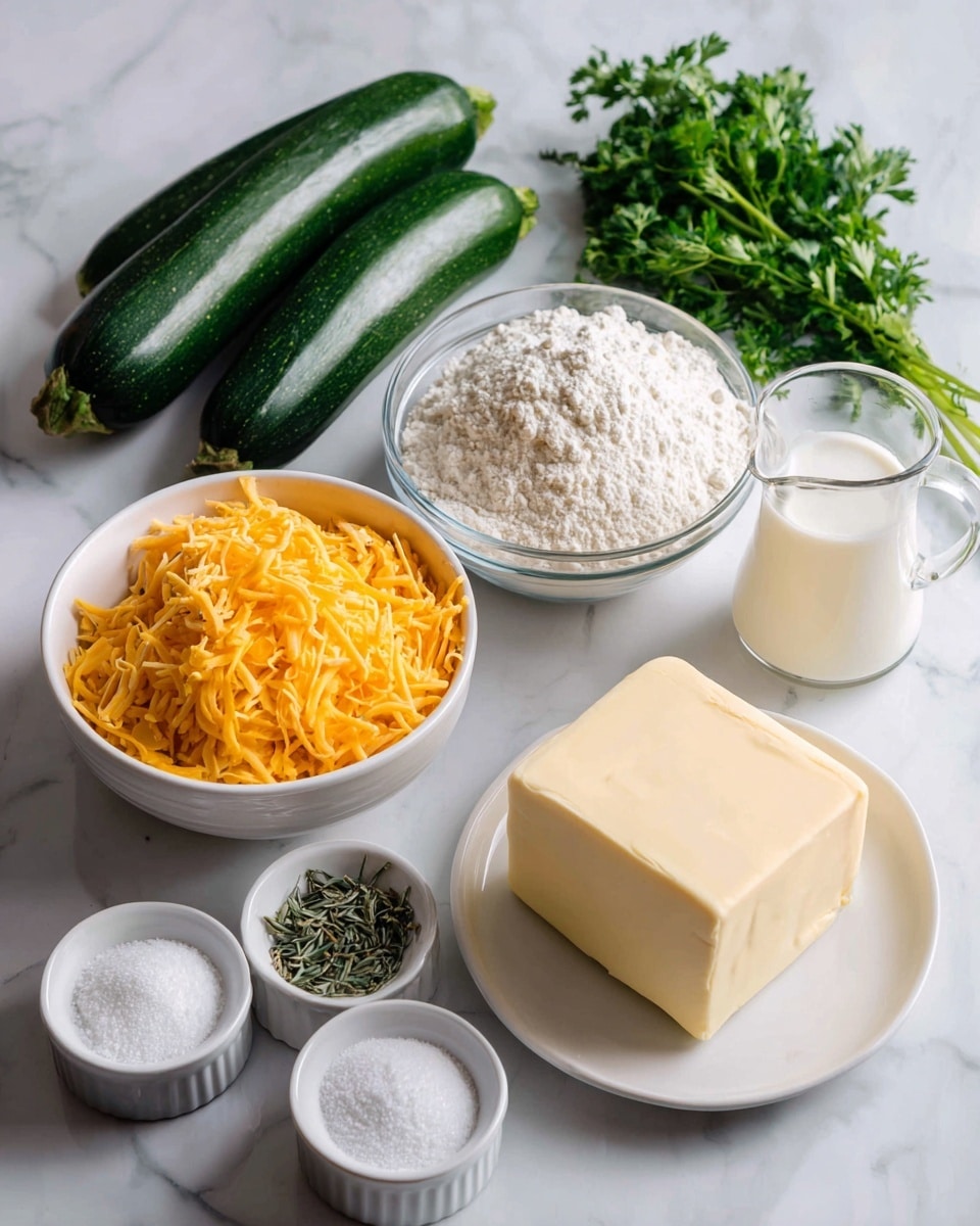 The image shows several small white bowls and a white plate arranged on a white marbled surface, each holding different ingredients. At the back left, three dark green zucchinis lie behind a white bowl filled with bright orange shredded cheese mixed with green herbs named thyme, sage, rosemary, and parsley. To the right of the cheese, a clear glass bowl holds a mound of white all-purpose flour. To the right of the flour bowl, a bunch of fresh green parsley sits behind a glass measuring cup filled with white buttermilk. In front of the parsley, a white plate holds a large block of pale yellow unsalted butter. In the front row, two small white bowls contain white salt and white baking soda on the left, and white baking powder on the right. The ingredients are clearly separated and easy to see. Photo taken with an iphone --ar 4:5 --v 7