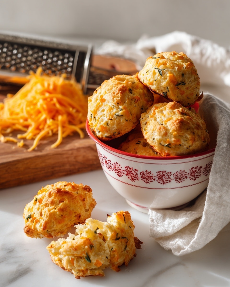 A white bowl with a red pattern is tipped on its side spilling golden-brown cheese and herb drop biscuits onto a white marbled surface. The biscuits are round with a rough, crumbly texture showing small flecks of green herbs and orange cheese throughout. Behind the bowl, there is a wooden board with a pile of shredded orange cheese and a silver grater leaning on it. A white cloth is partly under the biscuits, adding a soft touch to the scene. The light is bright and soft, highlighting the warm color and texture of the biscuits. photo taken with an iphone --ar 4:5 --v 7