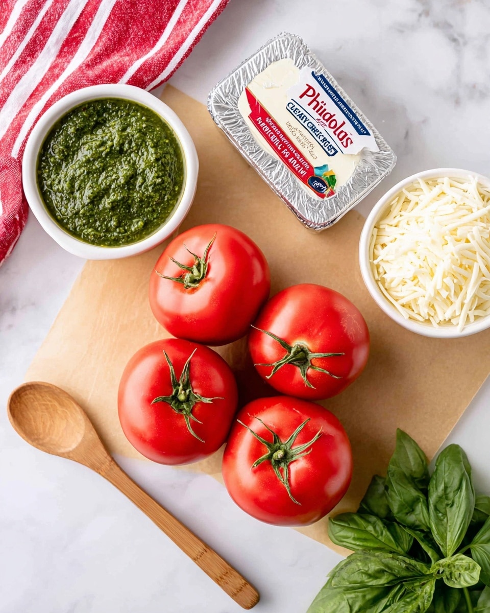 The image shows a food setup with a cluster of five bright red tomatoes with green stems in the center. To the left of the tomatoes, there is a white bowl filled with a thick, green pesto sauce. Behind the tomatoes, there is a silver package of Philadelphia original cream cheese. To the right, a white bowl holds shredded white cheese. Next to the cheese, there is a small bunch of dark green fresh basil leaves. Below the tomatoes and bowls, a long light wooden spoon lies horizontally across the light brown wooden surface. The background is a white marbled texture with a red and white striped cloth partially visible in the upper left corner. Photo taken with an iphone --ar 4:5 --v 7