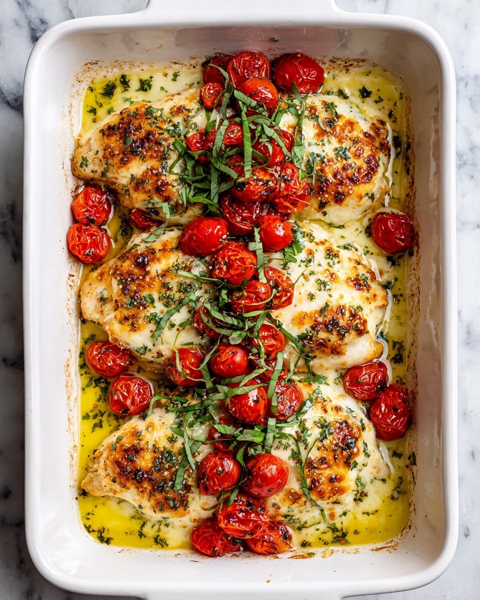A white rectangular baking dish holds two large pieces of baked food covered in a thick, melted golden cheese layer with bubbly browned spots. On top of the cheese are small chopped red tomato pieces and green basil leaves, adding bright color. One piece is being lifted by a metal spatula, showing long strings of stretchy melted cheese connecting the piece to the rest in the dish. Under the cheese, a green sauce can be seen pooling lightly around the edges in the dish. The white marbled surface is visible beneath the dish. photo taken with an iphone --ar 4:5 --v 7