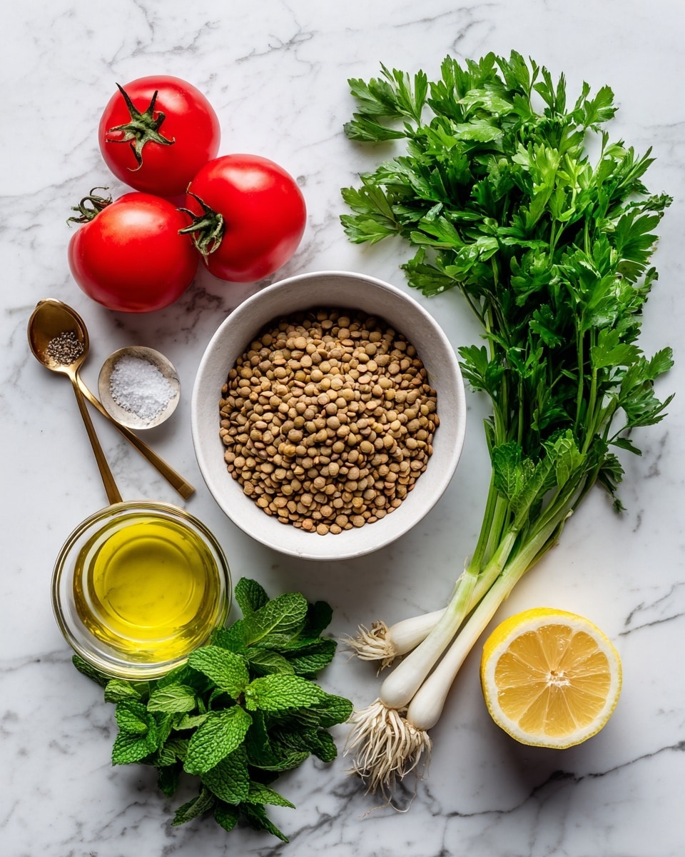 The image shows fresh ingredients placed neatly on a white marbled surface. In the center is a white bowl filled with cooked lentils, which are light brown and round. To the left of the bowl are two whole red tomatoes with green stems. Below the tomatoes are two small golden spoons, one containing salt and the other pepper. Next to these spoons is a small clear glass container with light yellow olive oil. Below and slightly to the right of the lentils is a large bunch of green parsley with leafy textures. On the right side of the bowl are several white spring onions with green tops and roots visible. Above the parsley to the right are two bunches of fresh green mint leaves. At the bottom right corner, a half lemon showing its yellow interior is placed. The arrangement is clear, bright, and colorful with fresh textures, taken with an iphone --ar 4:5 --v 7