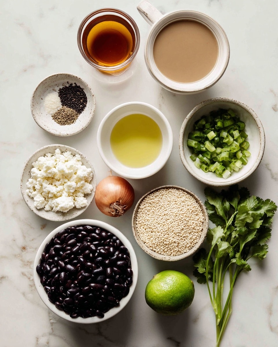 A white marble surface holds an arrangement of ingredients in small white bowls and loose items. There is a large bowl at the bottom filled with dark black beans, next to a glass cup filled with light brown broth. Above the black beans is a small bowl with amber honey, and to its left, a very small white bowl contains salt and black pepper. To the right of the pepper is a medium white bowl with light yellow olive oil. Above this is a small white bowl filled with chopped green onions. In the middle of the layout is a single shallot with brown skin. Next to the shallot is a medium white bowl filled with pale quinoa grains. Near the top middle is a whole lime, and to its right is a bunch of green cilantro with long stems spread out. Lastly, in the top left corner, there is a small white bowl filled with crumbly white cotija cheese. Photo taken with an iphone --ar 4:5 --v 7
