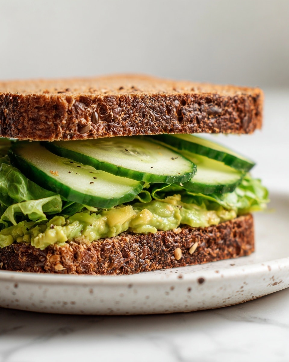 A close-up view of a sandwich is shown with three main layers. The top and bottom layers are thick slices of brown seed-covered whole grain bread with a rough texture. Just under the top bread slice, there is a neat row of thinly sliced cucumber, showing a light green color with visible seeds. Below the cucumber, there is a creamy pale green smashed avocado layer with small chunks and bits of seasoning mixed in. Underneath the avocado, fresh green lettuce leaves with a crinkled texture peek out, resting just above the bottom bread slice. The sandwich is placed on a white plate with a speckled design, set on a white marbled surface. Photo taken with an iphone --ar 4:5 --v 7