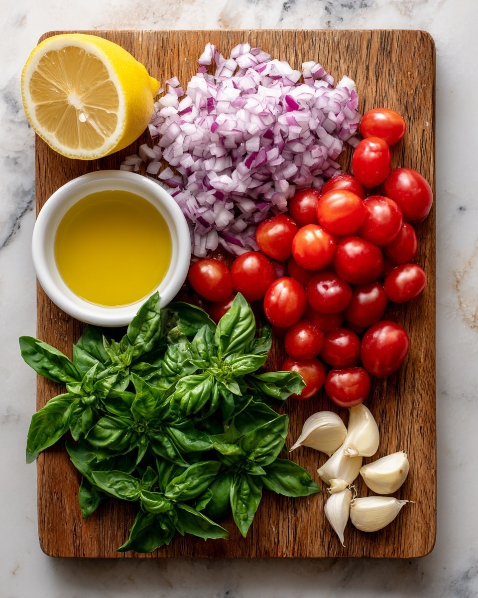 This image shows a layered arrangement of fresh ingredients on a wooden cutting board with a white marbled texture. On the top left is half a lemon with a yellow flesh and peel. Below the lemon, there is a mound of finely chopped red onions, showing white and purple layers. To the right of the onions, there is a row of bright red grape tomatoes. Below the tomatoes, a bunch of fresh green basil leaves stretches across the board. In the bottom left corner, there is a white bowl filled with yellow olive oil. At the bottom right, there are several cloves of garlic, some peeled and some unpeeled. The overall scene is well-lit and fresh-looking. Photo taken with an iphone --ar 4:5 --v 7