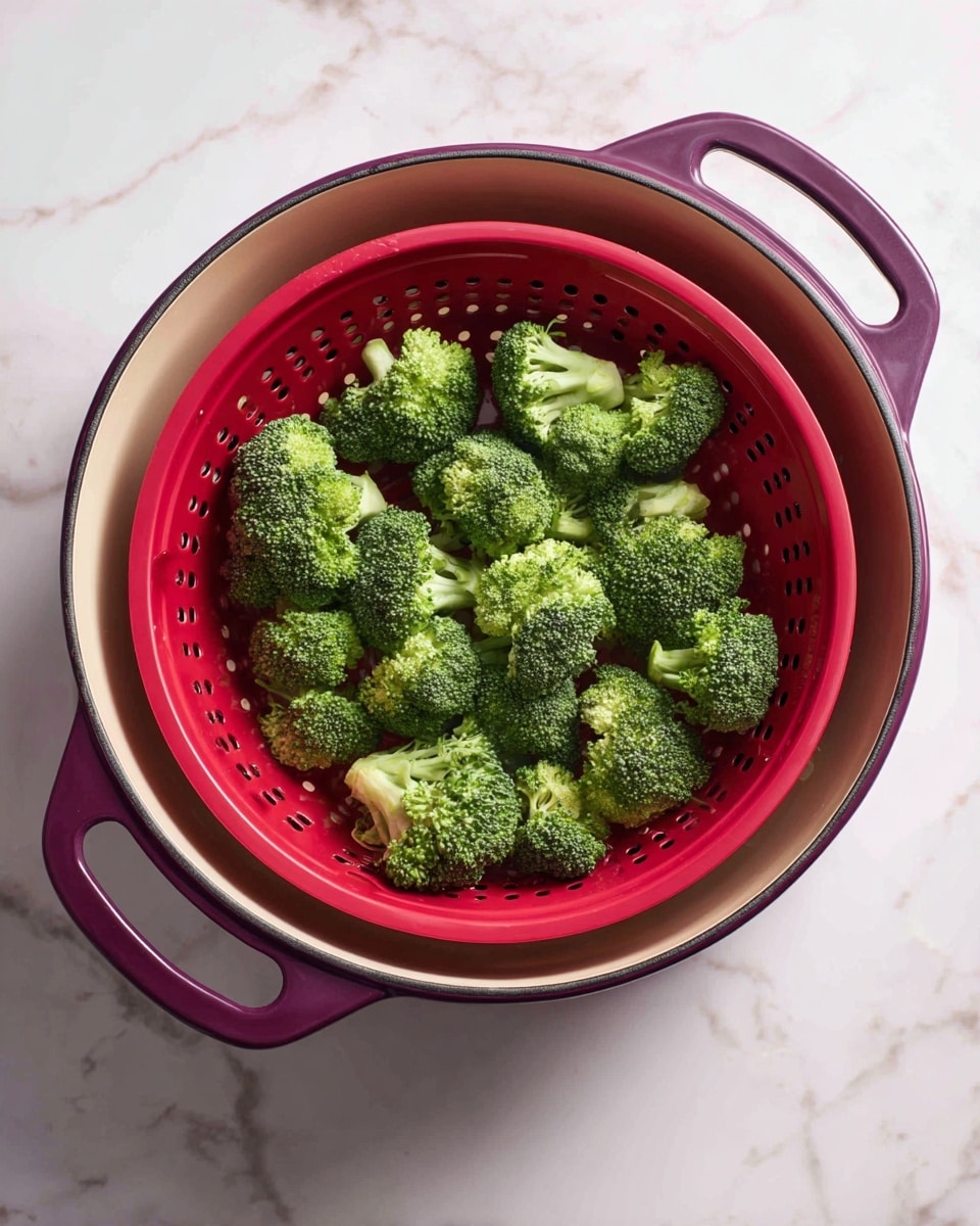 The image shows a large purple pot with a beige inside, placed on a white marbled surface. Inside the pot, there is a bright red steamer basket with small round holes, sitting flat at the bottom. On top of the red steamer basket, there is a layer of fresh green broccoli florets spread evenly. The broccoli has a rich, textured surface indicating its freshness and moisture. Photo taken with an iphone --ar 4:5 --v 7