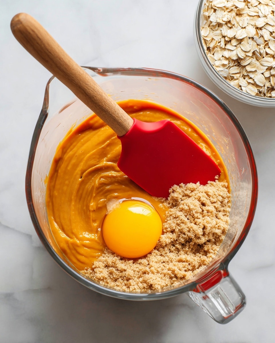A clear glass measuring cup on a white marbled surface holds several ingredients before mixing. Inside the cup at the bottom, there is a layer of smooth, bright orange puree, likely pumpkin. Next to it on one side is a clump of light brown creamy peanut butter with a thick texture. Above the pumpkin and peanut butter, there is a layer of coarse light brown sugar with a slightly grainy look. On top of everything inside the cup rests a single raw yellow egg yolk intact and shiny, surrounded by the clear egg white. A red silicone spatula with a wooden handle is dipped in the mixture, resting gently inside the cup. In the background, part of a clear bowl filled with dry rolled oats is visible. The overall setting is clean and bright, and the photo was taken with an iphone --ar 4:5 --v 7