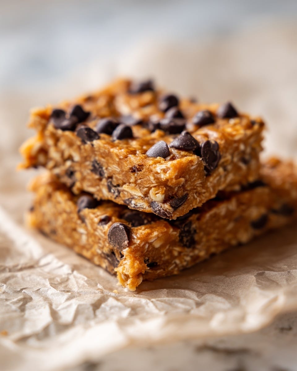 The image shows a close-up of two thick, square-shaped layered bars placed on crumpled beige paper on a white marbled surface. Each bar is made up of textured layers of oats and light orange mixture, studded with small dark brown chocolate chips scattered on top and within the layers. The bars have a chewy and dense look with a slight golden-brown tint on the edges, making them look moist and tasty. The background is softly blurred, keeping focus on the detailed texture of the front bar. Photo taken with an iphone --ar 4:5 --v 7