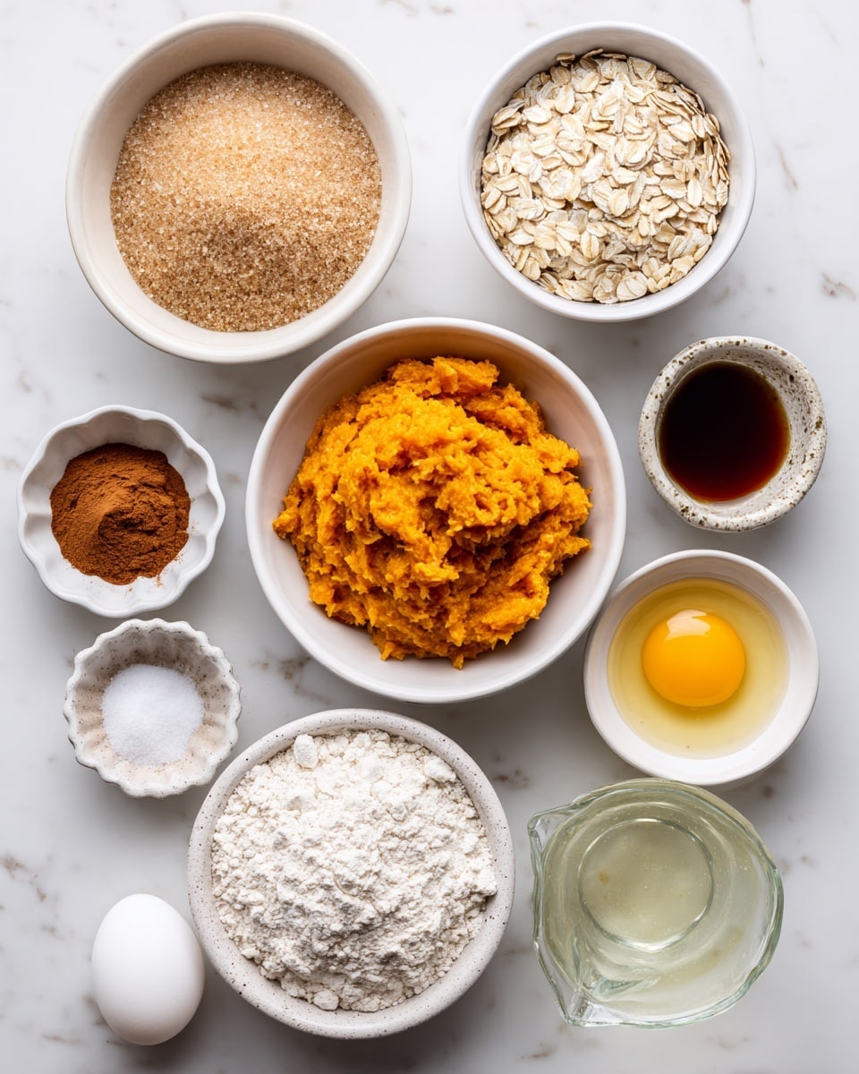 A top view shows a collection of ingredients arranged on a white marbled surface, ready for baking. At the center, there is a white bowl filled with bright orange pumpkin puree, thick and textured. To its top left, a white bowl holds light brown sugar with a grainy texture, while on the top right, a white bowl contains old-fashioned rolled oats with a slightly pale beige color. Below the oats, there is a small white bowl filled with dark brown vanilla extract liquid. Near the bottom left, a small white bowl holds ground cinnamon powder in a warm brown shade, above an egg sitting in a white fluted ramekin. At the very bottom, a larger clear glass bowl contains white all-purpose flour with a soft, powdery texture. To the right of the flour bowl, a speckled white small plate holds baking soda and sea salt, shown as white powders together. Finally, near the bottom right corner, a clear measuring cup contains melted butter, yellow and smooth in texture. photo taken with an iphone --ar 4:5 --v 7