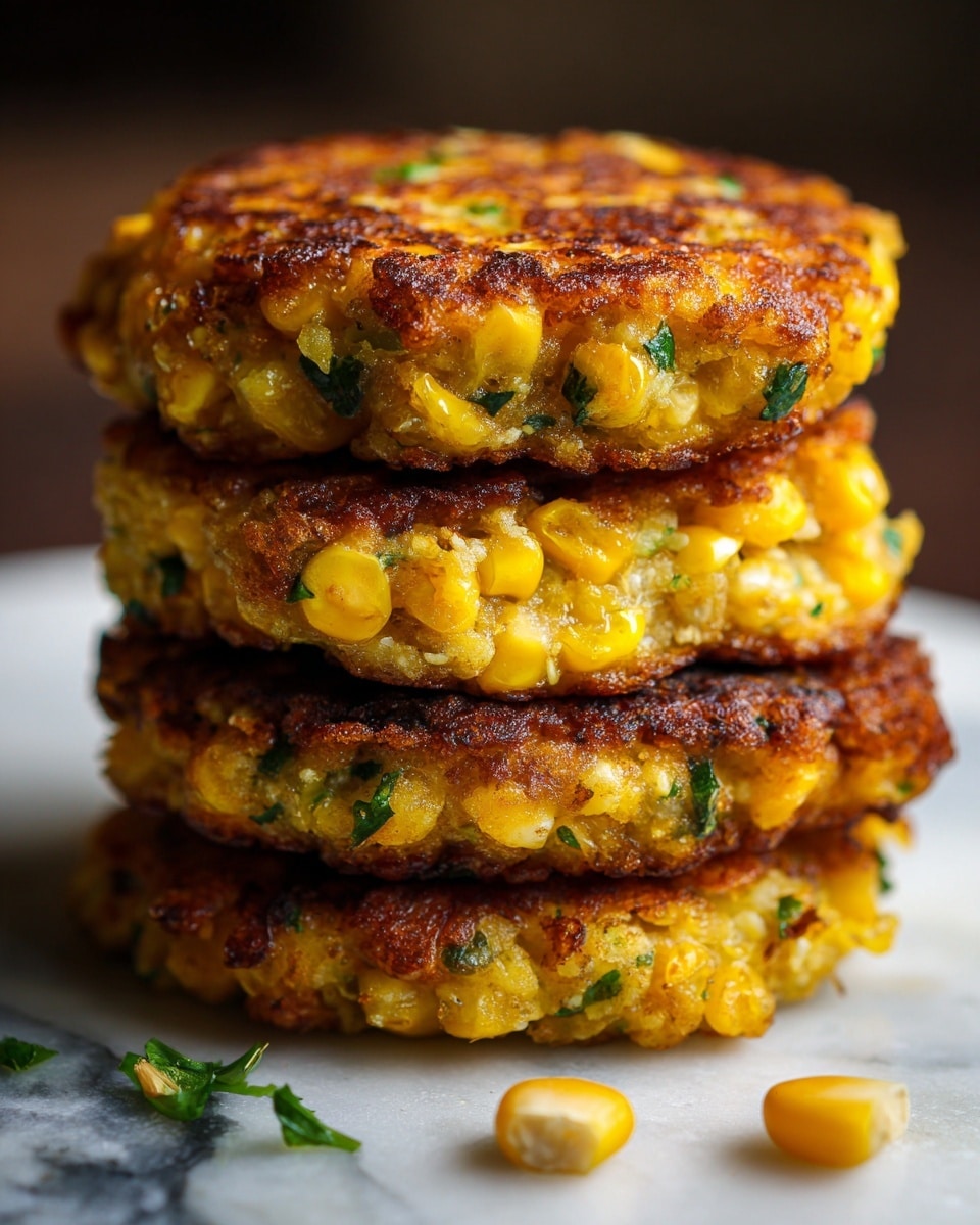 A close-up of a stack of three golden corn fritters, each with visible yellow corn kernels and small green herb pieces mixed inside. The fritters have a crispy browned crust on the outside with a soft, moist inside texture. The layers show a mix of grainy and chunky details from the corn and herbs, with the stack placed on a white marbled surface. A small loose corn kernel sits in front of the fritters. The background is dark and blurred, drawing focus to the vibrant fritters. photo taken with an iphone --ar 4:5 --v 7