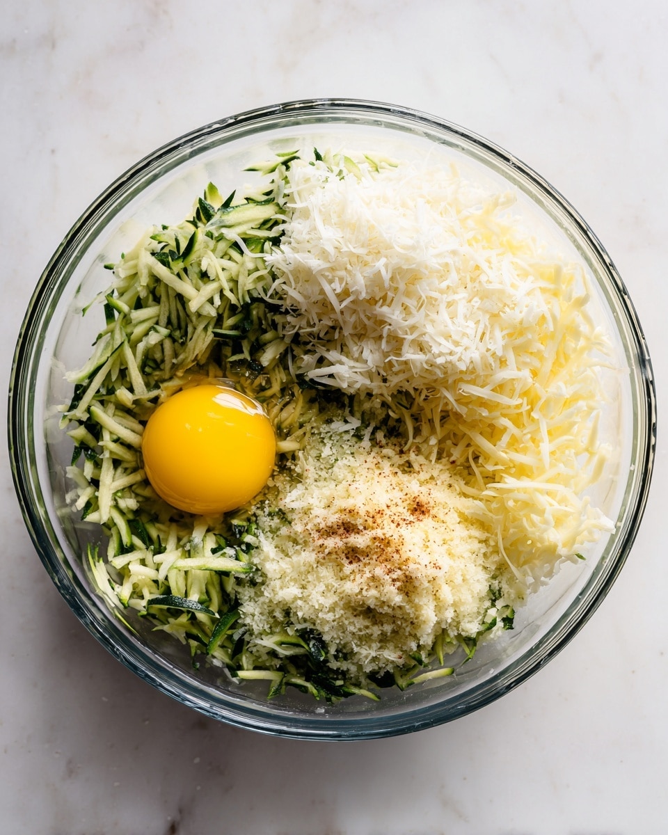 In a clear glass bowl on a white marbled surface, there is a mixture of shredded green zucchini spread across the bottom and sides. On top of the zucchini, there is a pile of white shredded cheese on the upper right side and a smaller pile of light yellow shredded cheese below it on the right side. On the left, near the front, there is a single cracked raw egg with its bright yellow yolk clearly visible, surrounded by a spark of light brown seasoning powder scattered over the zucchini and cheese. The textures show the moistness of the zucchini, the softness of the egg, and the fine strands of shredded cheese in a simple, natural arrangement. Photo taken with an iphone --ar 4:5 --v 7