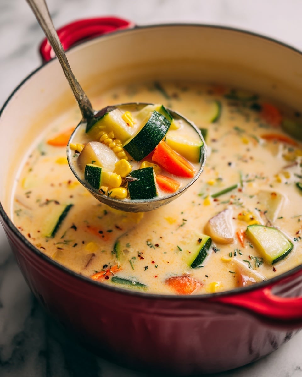 This image shows a close-up of a creamy soup inside a red pot with a white inside. The soup has a light orange color with visible pieces of yellow corn, green zucchini slices, orange carrot sticks, and chunks of white potatoes. A metal ladle is dipping into the soup, lifting a mix of these colorful vegetables in the creamy broth. The pot is placed on a white marbled surface, and some herbs or spices are speckled throughout the soup. The photo has a soft, natural light. photo taken with an iphone --ar 4:5 --v 7
