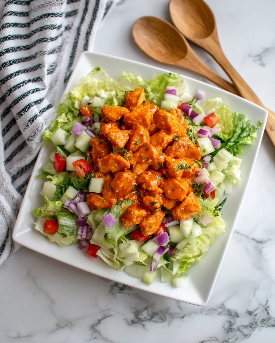 A white plate is filled with a layered salad starting with a base of light green lettuce at the bottom, topped by diced bright red bell peppers and small pieces of white onion scattered evenly. Above this is a layer of chopped green cucumbers mixed with more onion and red bell peppers. The top layer is made up of golden-brown pieces of cooked chicken coated in a shiny orange sauce, covering the vegetables beneath. The plate sits on a white marbled surface. photo taken with an iphone --ar 4:5 --v 7