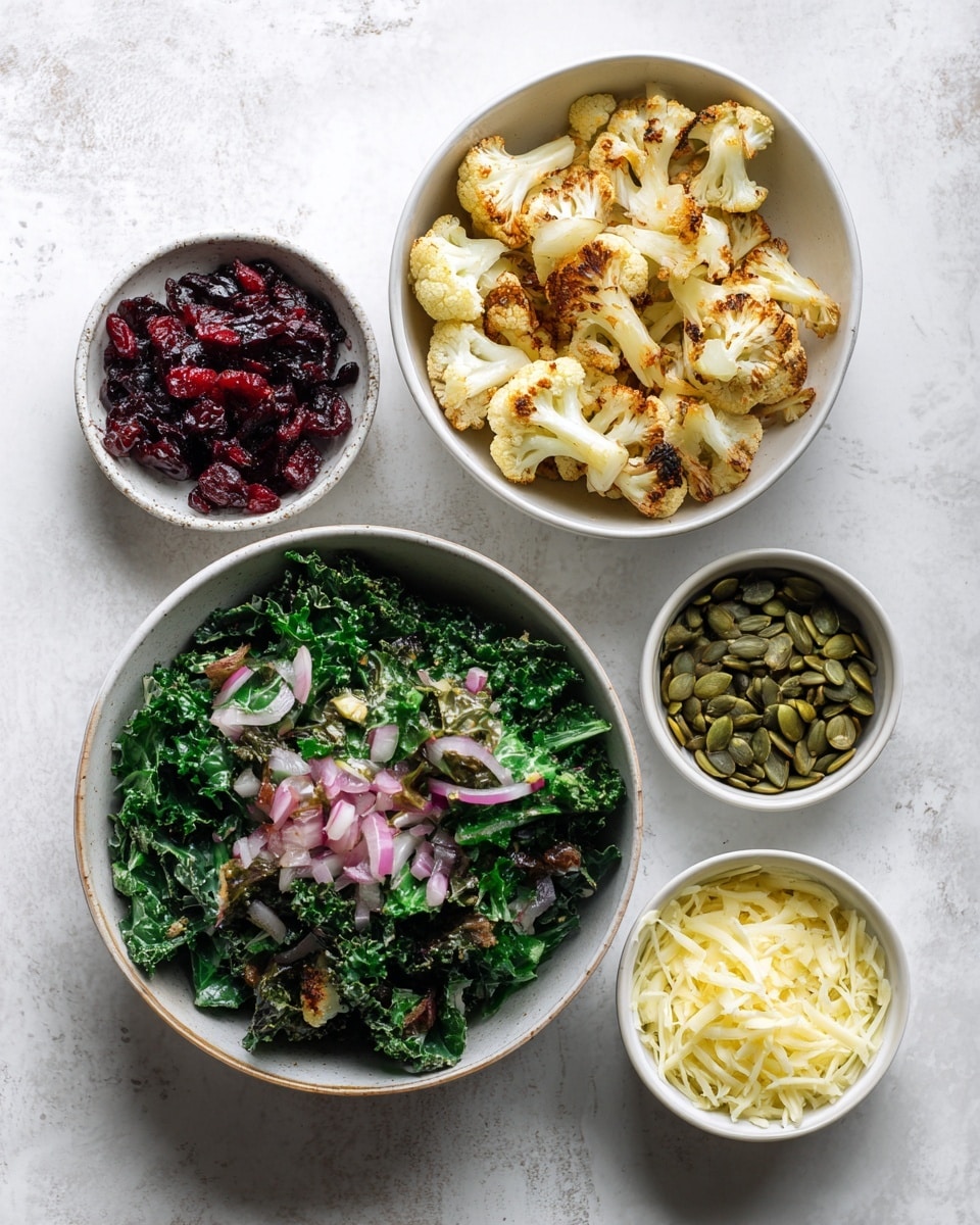 The image shows five bowls on a white marbled surface arranged in a flat lay style. The largest bowl at the bottom holds fresh green kale leaves mixed with small pieces of chopped red onion, creating a textured and colorful base. Above it, slightly to the right, is a medium white bowl filled with light golden brown roasted cauliflower florets that have a roasted texture. Surrounding these are three smaller bowls: on the left is a white bowl with dark red dried cranberries, on the right is a white bowl with green pumpkin seeds, and the bottom right bowl contains finely shredded pale yellow cheese. The bowls and food are evenly spaced and neatly arranged. photo taken with an iphone --ar 4:5 --v 7