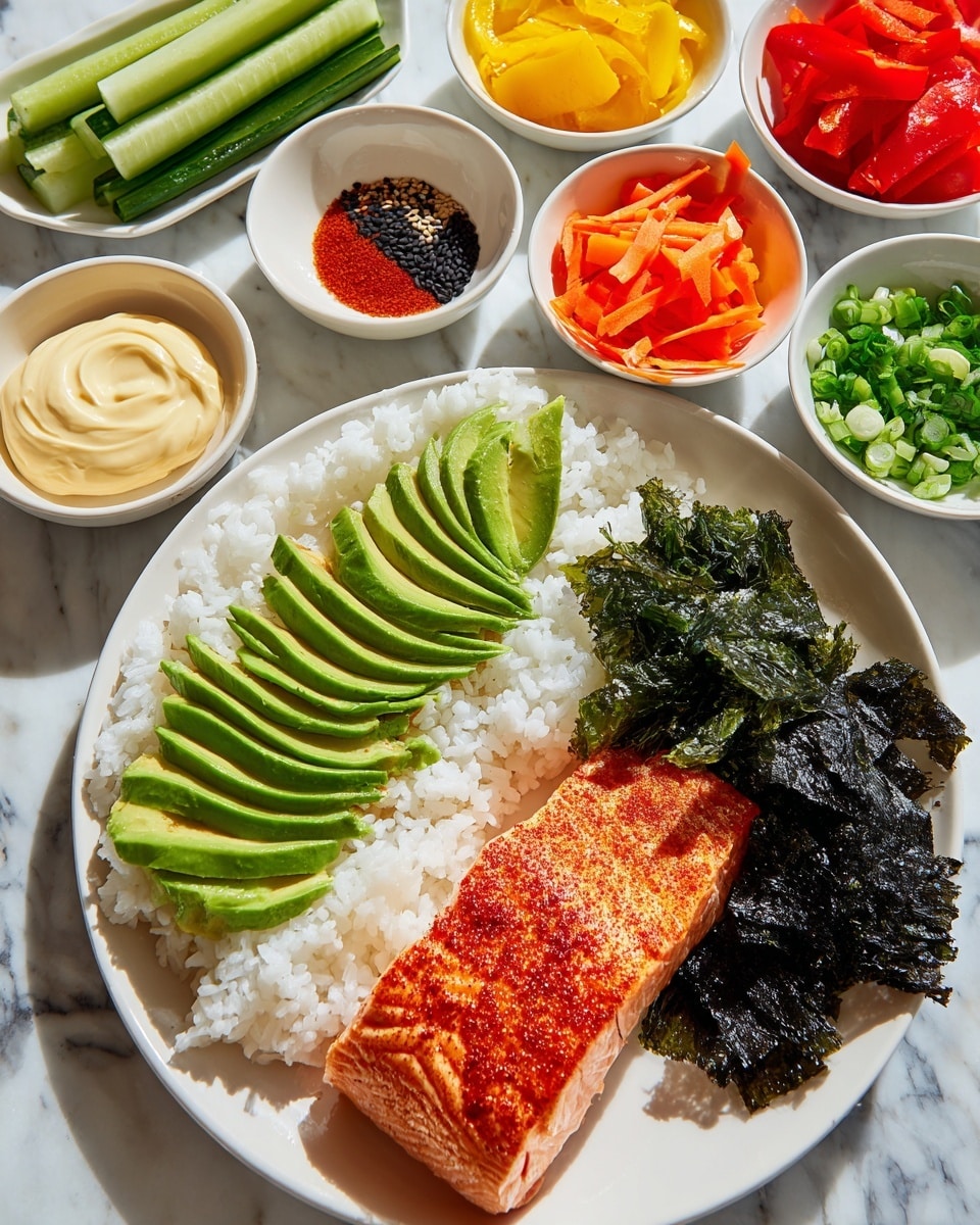 A white plate holds four main layers: a bed of white sushi rice on the left, a fanned arrangement of bright green sliced avocado above it, a piece of grilled salmon with a seasoned, slightly crispy orange-brown skin at the bottom right, and next to the salmon, several dark green, shiny seaweed sheets. Surrounding the plate are multiple small white bowls containing different ingredients: long green cucumber sticks at the top left, bright yellow diced bell peppers in the center, finely chopped orange carrots near the top right, and chopped red bell peppers near the upper right corner. Other small bowls include creamy pale yellow Kewpie mayo, thin sliced green onions, black sesame seeds, and a small bowl of reddish-brown Sriracha sauce in the center. All of this is placed on a white marbled surface with clear lighting highlighting the fresh textures photo taken with an iphone --ar 4:5 --v 7
