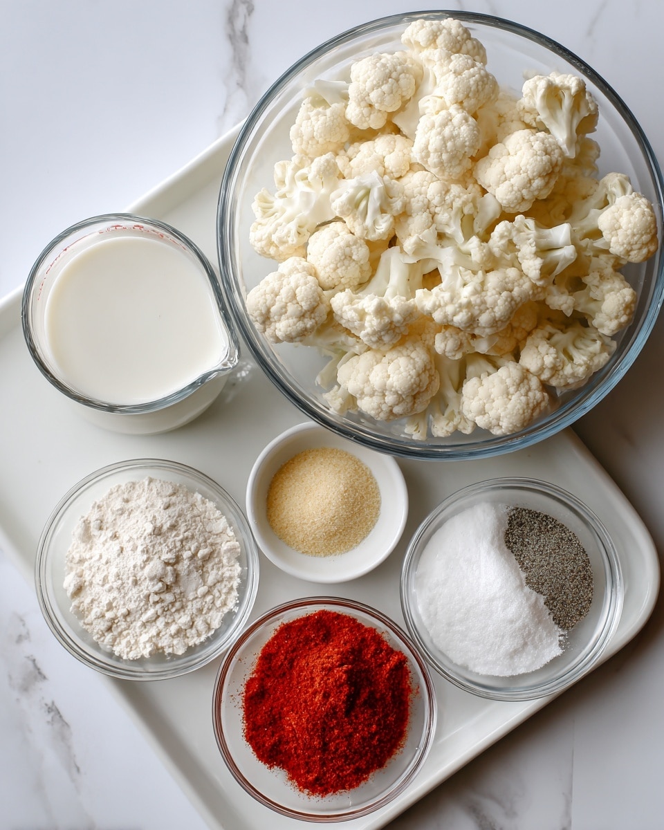 The image shows a large clear glass bowl on a white marbled surface with five piles of different powders arranged in a circle: white flour, light yellow garlic powder on top, white baking powder to the right, red paprika below, and gray salt and pepper on the bottom left. Above the glass bowl is a white baking tray filled with many small cauliflower florets, which are light cream in color and have a bumpy texture. To the left of the glass bowl is a small clear measuring cup with white milk inside. All items are set on the white marbled surface photo taken with an iphone --ar 4:5 --v 7