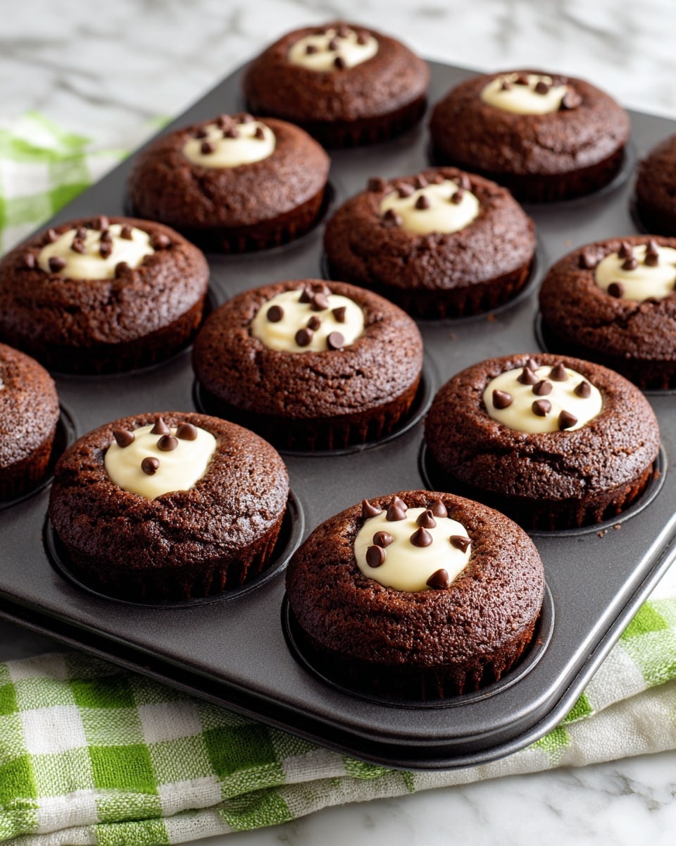 A dark chocolate muffin tray with twelve round muffins, each topped with small chocolate chips around the edges and a creamy white center filling visible on the top. The muffins have a smooth, slightly domed surface with a rich black-brown color. The tray sits on a white marbled surface with a green and white checkered cloth partially visible under one side. photo taken with an iphone --ar 4:5 --v 7